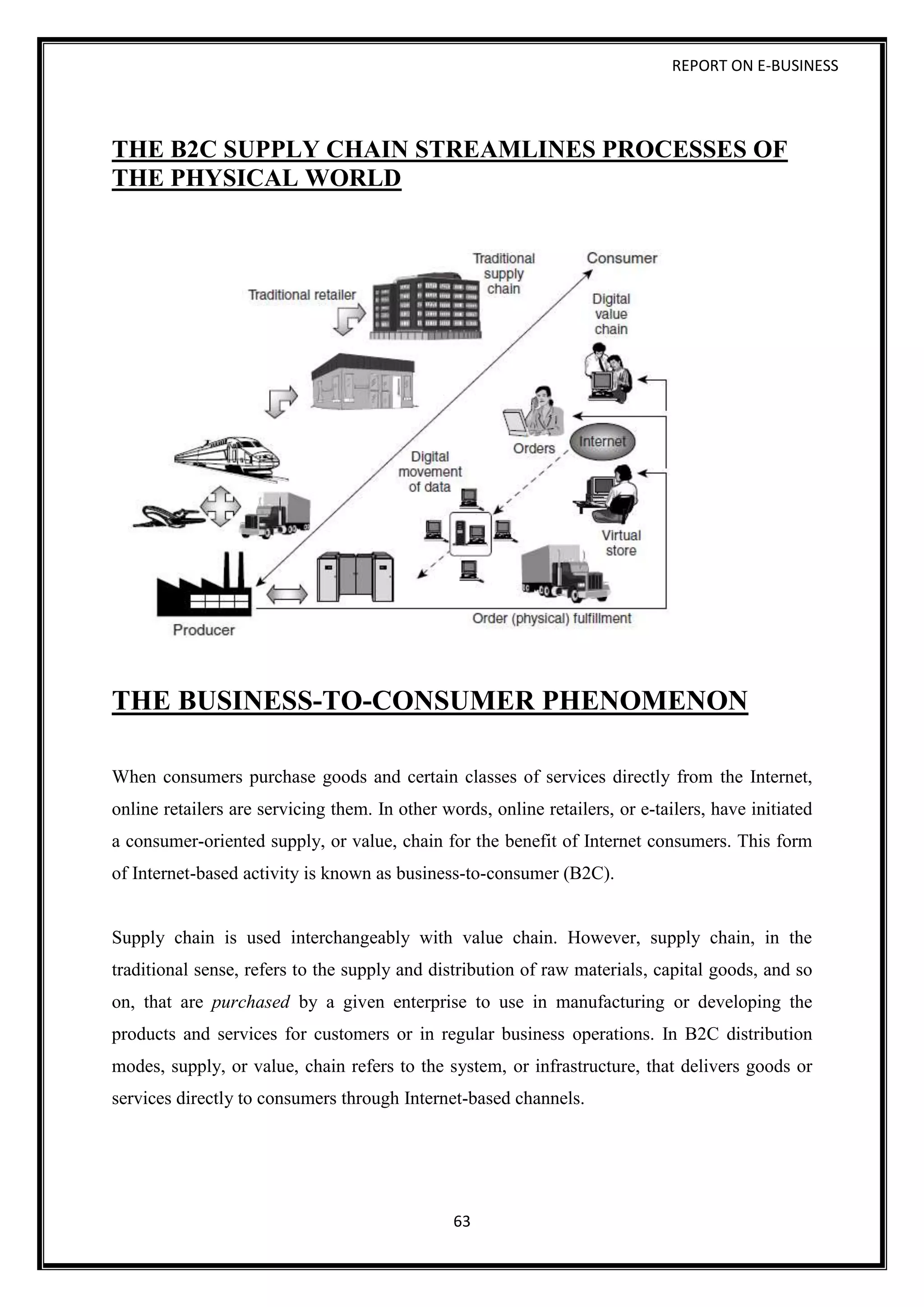 REPORT ON E-BUSINESS
63
THE B2C SUPPLY CHAIN STREAMLINES PROCESSES OF
THE PHYSICAL WORLD
THE BUSINESS-TO-CONSUMER PHENOMENON
When consumers purchase goods and certain classes of services directly from the Internet,
online retailers are servicing them. In other words, online retailers, or e-tailers, have initiated
a consumer-oriented supply, or value, chain for the benefit of Internet consumers. This form
of Internet-based activity is known as business-to-consumer (B2C).
Supply chain is used interchangeably with value chain. However, supply chain, in the
traditional sense, refers to the supply and distribution of raw materials, capital goods, and so
on, that are purchased by a given enterprise to use in manufacturing or developing the
products and services for customers or in regular business operations. In B2C distribution
modes, supply, or value, chain refers to the system, or infrastructure, that delivers goods or
services directly to consumers through Internet-based channels.
 