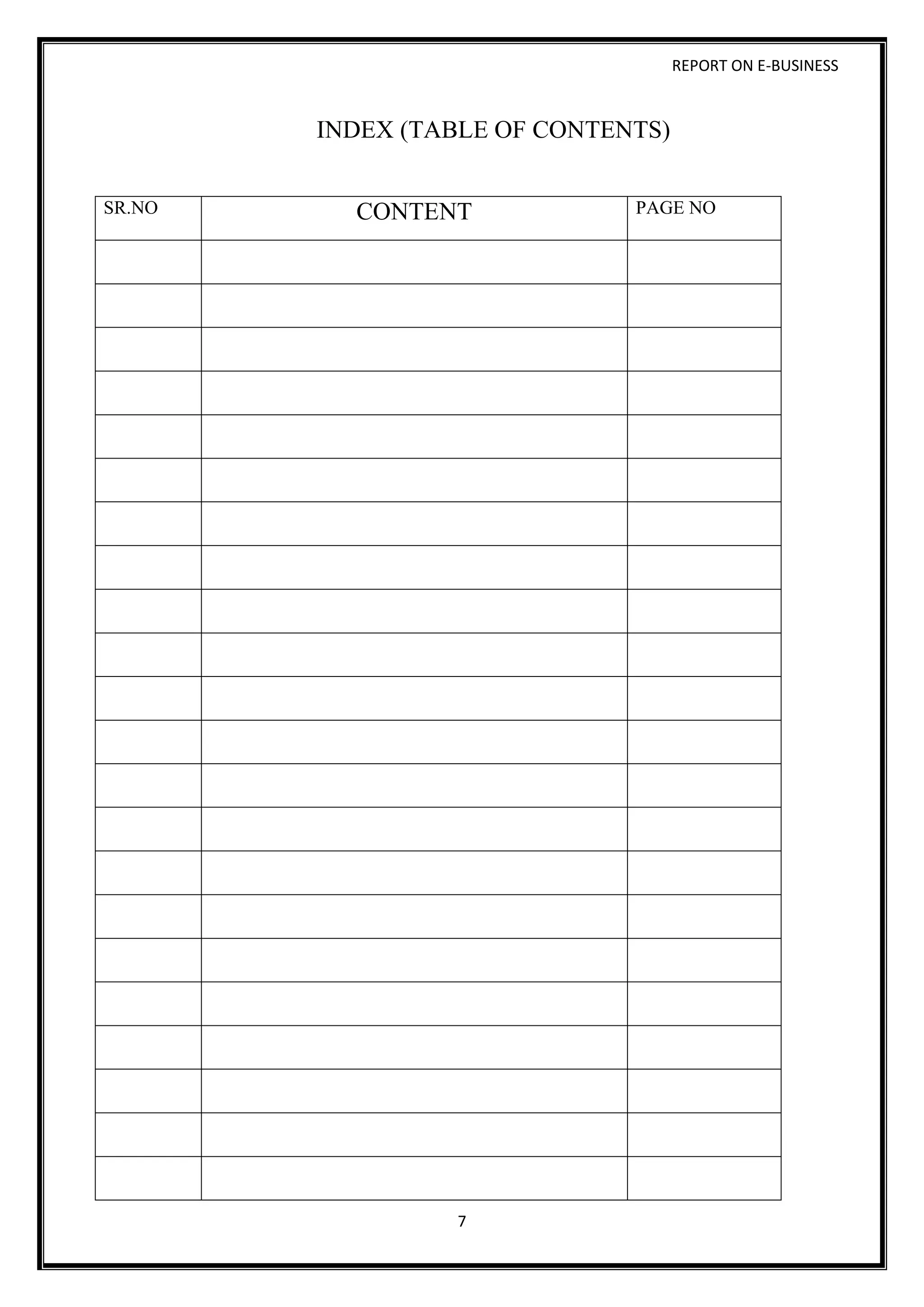 REPORT ON E-BUSINESS
7
INDEX (TABLE OF CONTENTS)
SR.NO CONTENT PAGE NO
 