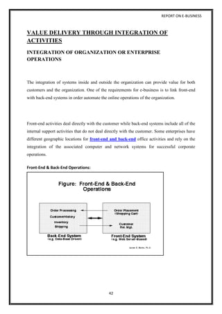 REPORT ON E-BUSINESS
42
VALUE DELIVERY THROUGH INTEGRATION OF
ACTIVITIES
INTEGRATION OF ORGANIZATION OR ENTERPRISE
OPERATIONS
The integration of systems inside and outside the organization can provide value for both
customers and the organization. One of the requirements for e-business is to link front-end
with back-end systems in order automate the online operations of the organization.
Front-end activities deal directly with the customer while back-end systems include all of the
internal support activities that do not deal directly with the customer. Some enterprises have
different geographic locations for front-end and back-end office activities and rely on the
integration of the associated computer and network systems for successful corporate
operations.
Front-End & Back-End Operations:
 