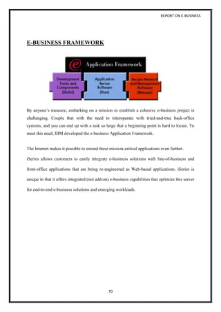 REPORT ON E-BUSINESS
70
E-BUSINESS FRAMEWORK
By anyone’s measure, embarking on a mission to establish a cohesive e-business project is
challenging. Couple that with the need to interoperate with tried-and-true back-office
systems, and you can end up with a task so large that a beginning point is hard to locate. To
meet this need, IBM developed the e-business Application Framework.
The Internet makes it possible to extend these mission-critical applications even further.
iSeries allows customers to easily integrate e-business solutions with line-of-business and
front-office applications that are being re-engineered as Web-based applications. iSeries is
unique in that it offers integrated (not add-on) e-business capabilities that optimize this server
for end-to-end e-business solutions and emerging workloads.
 