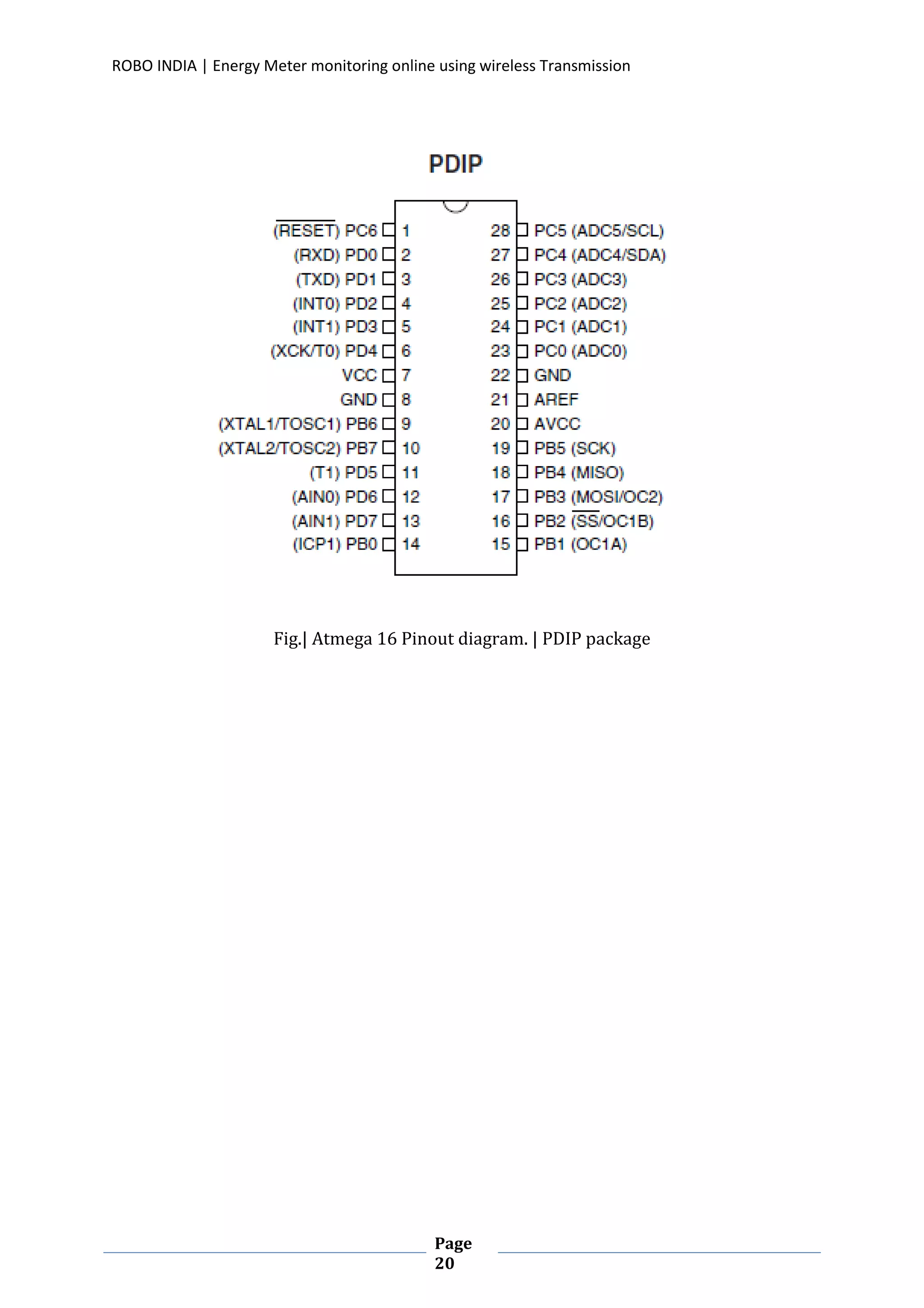 ROBO INDIA | Energy Meter monitoring online using wireless Transmission
Page
20
Fig.| Atmega 16 Pinout diagram. | PDIP package
 