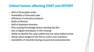 Critical factors affecting COST and EFFORT
• Skill of Screenplay writer
• Availability of Execution plan
• efficiency of executive producer
• Skills of Director
• Skill of Assistant directors
• Film making Knowledge before starting the film
• Use of digital techniques in film making
• Ability to identify the value added and not value added scenes
• Clarity about budget of the film to entire crew members
• Availability of checklist during pre-pod and post-production
 