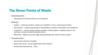 The Seven Forms of Waste
• Overproduction :
• Shooting extra scenes which are not required
• Waiting :
• people – makeup not done, artists not available on time, unnecessary breaks
• Information – script not provides to stakeholders, weather information not considered
• machinery – camera issues, battery problem, cable problem , display screen is not
working , camera heated during day shoot,
• Materials – lights not arrived, light setting taking time, study not done earlier
• Transportation :
• Unnecessary location changes
• Break fast, lunch , tea arranged away from location
• Artists demands pick-up – drop
 