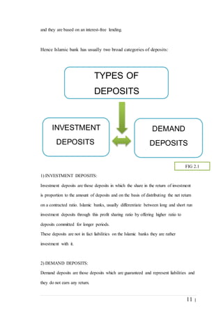 11 |
and they are based on an interest-free lending.
Hence Islamic bank has usually two broad categories of deposits:
1) INVESTMENT DEPOSITS:
Investment deposits are those deposits in which the share in the return of investment
is proportion to the amount of deposits and on the basis of distributing the net return
on a contracted ratio. Islamic banks, usually differentiate between long and short run
investment deposits through this profit sharing ratio by offering higher ratio to
deposits committed for longer periods.
These deposits are not in fact liabilities on the Islamic banks they are rather
investment with it.
2) DEMAND DEPOSITS:
Demand deposits are those deposits which are guaranteed and represent liabilities and
they do not earn any return.
TYPES OF
DEPOSITS
INVESTMENT
DEPOSITS
DEMAND
DEPOSITS
FIG 2.1
 
