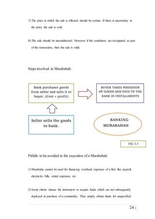 24 |
7) The price at which the sale is effected should be certain. If there is uncertainty in
the price, the sale is void.
8) The sale should be unconditional. However if the conditions are recognized as part
of the transaction, then the sale is valid.
Steps involved in Murabahah:
Pitfalls to be avoided in the execution of a Murabahah:
1) Murabaha cannot be used for financing overhead expenses of a firm like payroll,
electricity bills, rental expenses, etc
2) Some clients misuse the instrument to acquire funds which are not subsequently
deployed in purchase of a commodity. They simply obtain funds for unspecified
Bank purchases goods
from seller and sells it to
buyer. (Cost + profit)
Seller sells the goods
to bank.
BUYER TAKES POSSESION
OF GOODS AND PAYS TO THE
BANK IN INSTALLMENTS
BANKING
MURABAHAH
FIG 3.3
 