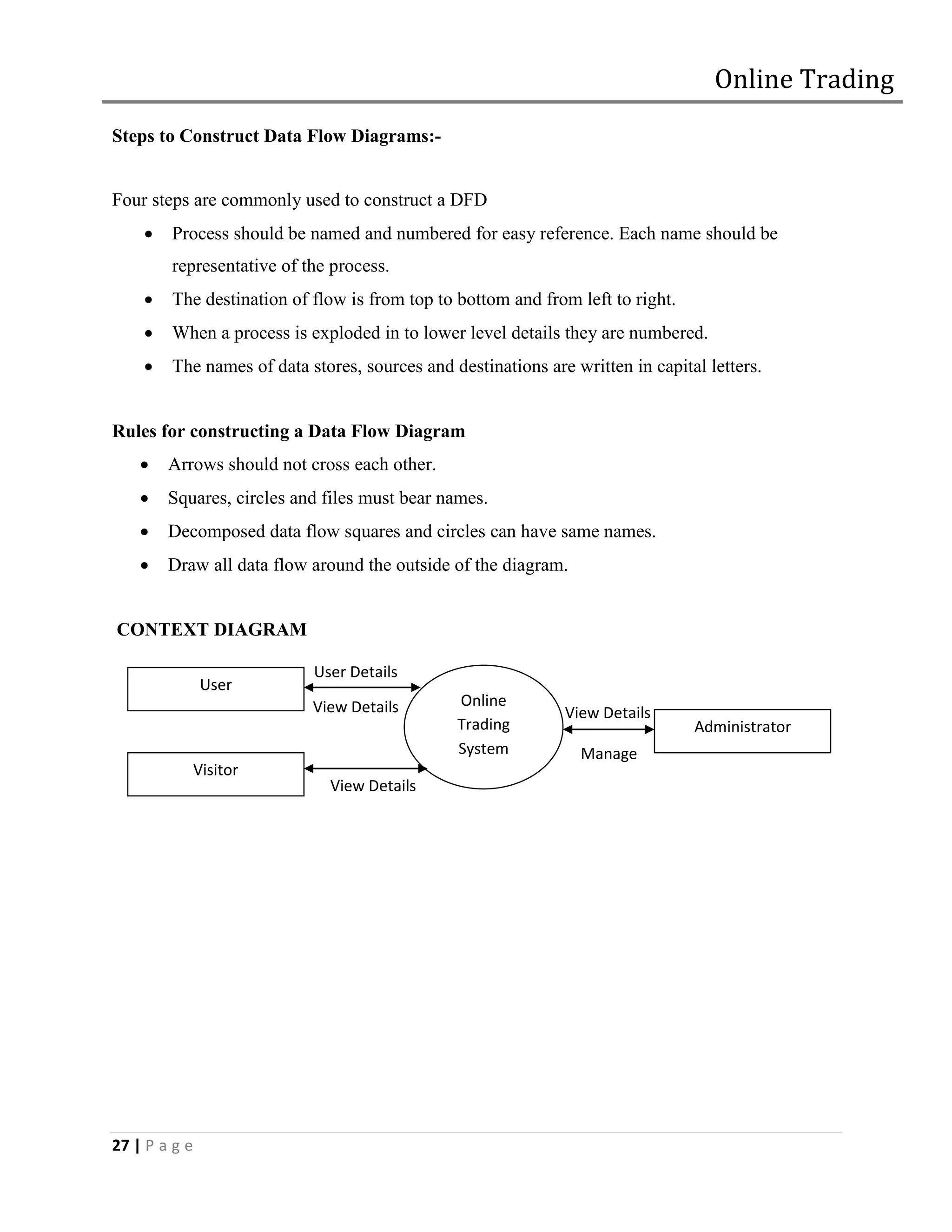 Online Trading
Steps to Construct Data Flow Diagrams:-


Four steps are commonly used to construct a DFD
       Process should be named and numbered for easy reference. Each name should be
        representative of the process.
       The destination of flow is from top to bottom and from left to right.
       When a process is exploded in to lower level details they are numbered.
       The names of data stores, sources and destinations are written in capital letters.


Rules for constructing a Data Flow Diagram
       Arrows should not cross each other.
       Squares, circles and files must bear names.
       Decomposed data flow squares and circles can have same names.
       Draw all data flow around the outside of the diagram.


CONTEXT DIAGRAM

                           User Details
                User
                           View Details        Online
                                                              View Details
                                               Trading                          Administrator
                                               System           Manage
               Visitor
                             View Details




27 | P a g e
 