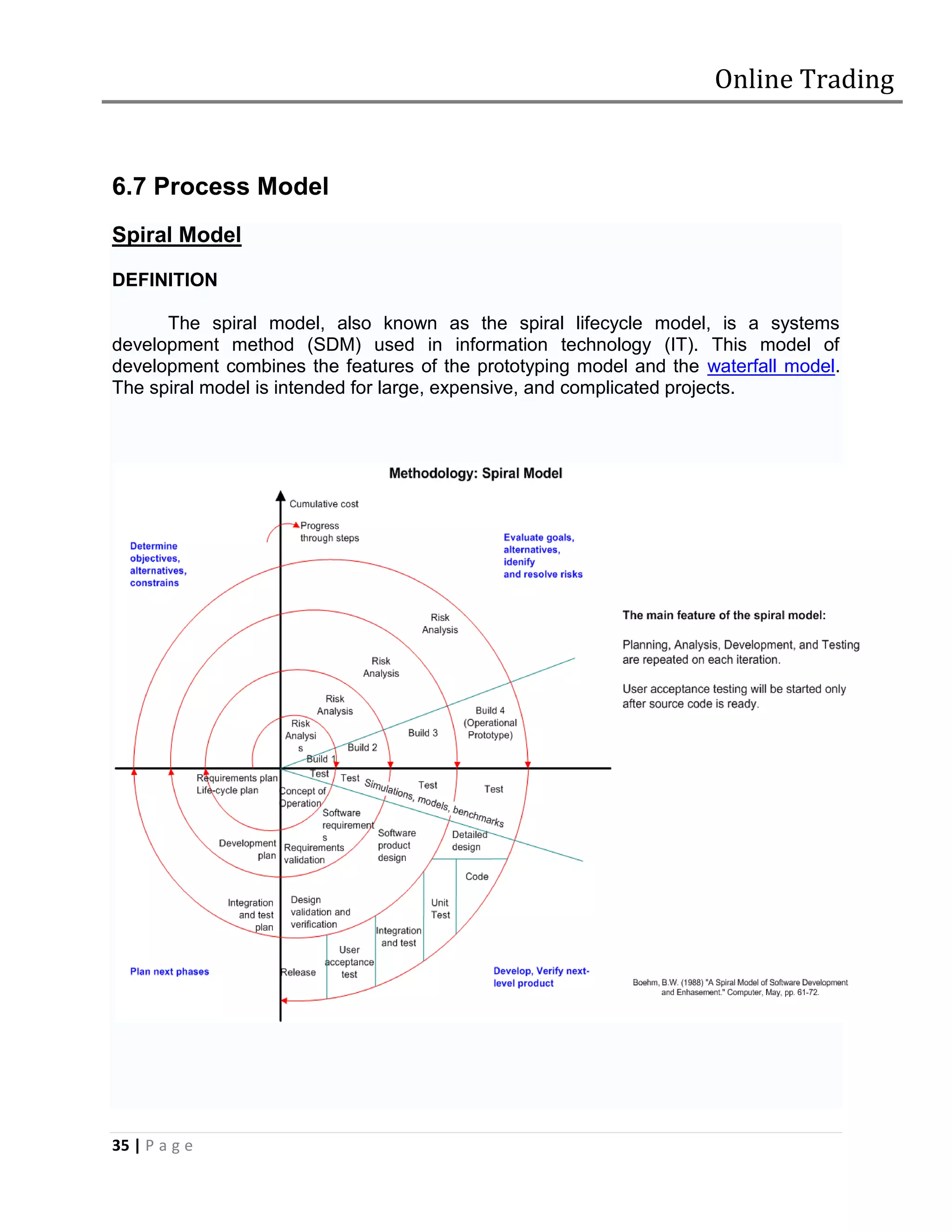 Online Trading


6.7 Process Model
Spiral Model

DEFINITION

      The spiral model, also known as the spiral lifecycle model, is a systems
development method (SDM) used in information technology (IT). This model of
development combines the features of the prototyping model and the waterfall model.
The spiral model is intended for large, expensive, and complicated projects.




35 | P a g e
 