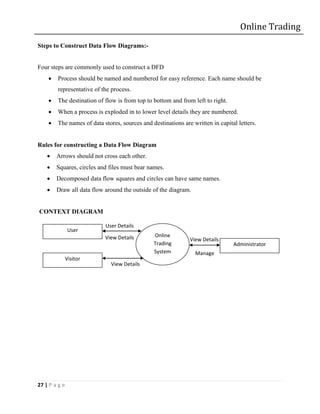 Online Trading
Steps to Construct Data Flow Diagrams:-


Four steps are commonly used to construct a DFD
       Process should be named and numbered for easy reference. Each name should be
        representative of the process.
       The destination of flow is from top to bottom and from left to right.
       When a process is exploded in to lower level details they are numbered.
       The names of data stores, sources and destinations are written in capital letters.


Rules for constructing a Data Flow Diagram
       Arrows should not cross each other.
       Squares, circles and files must bear names.
       Decomposed data flow squares and circles can have same names.
       Draw all data flow around the outside of the diagram.


CONTEXT DIAGRAM

                           User Details
                User
                           View Details        Online
                                                              View Details
                                               Trading                          Administrator
                                               System           Manage
               Visitor
                             View Details




27 | P a g e
 