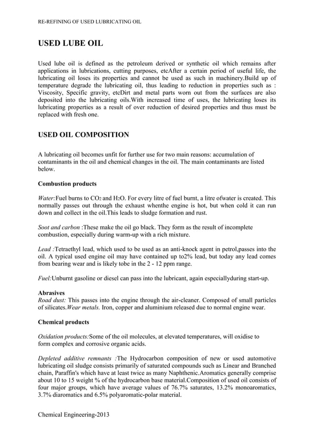 A project report on rerefining of used lube oil