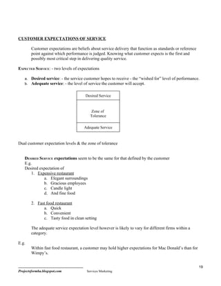 CUSTOMER EXPECTATIONS OF SERVICE

        Customer expectations are beliefs about service delivery that function as standards or reference
        point against which performance is judged. Knowing what customer expects is the first and
        possibly most critical step in delivering quality service.

EXPECTED SERVICE: - two levels of expectations

    a. Desired service: - the service customer hopes to receive - the “wished for” level of performance.
    b. Adequate service: - the level of service the customer will accept.


                                       Desired Service


                                           Zone of
                                          Tolerance

                                      Adequate Service



Dual customer expectation levels & the zone of tolerance


    DESIRED SERVICE expectations seem to be the same for that defined by the customer
    E.g.
    Desired expectation of
        1. Expensive restaurant
              a. Elegant surroundings
              b. Gracious employees
              c. Candle light
              d. And fine food

        2. Fast food restaurant
              a. Quick
              b. Convenient
              c. Tasty food in clean setting

        The adequate service expectation level however is likely to vary for different firms within a
        category.

E.g.
        Within fast food restaurant, a customer may hold higher expectations for Mac Donald’s than for
        Wimpy’s.


                                                                                                           19
Projectsformba.blogspot.com             Services Marketing
 