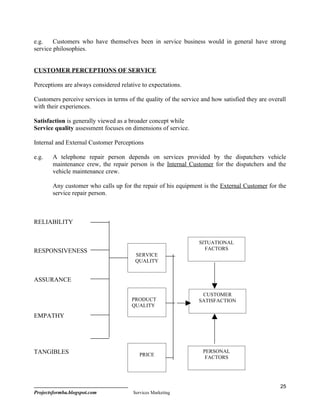 e.g.    Customers who have themselves been in service business would in general have strong
service philosophies.


CUSTOMER PERCEPTIONS OF SERVICE

Perceptions are always considered relative to expectations.

Customers perceive services in terms of the quality of the service and how satisfied they are overall
with their experiences.

Satisfaction is generally viewed as a broader concept while
Service quality assessment focuses on dimensions of service.

Internal and External Customer Perceptions

e.g.    A telephone repair person depends on services provided by the dispatchers vehicle
        maintenance crew, the repair person is the Internal Customer for the dispatchers and the
        vehicle maintenance crew.

        Any customer who calls up for the repair of his equipment is the External Customer for the
        service repair person.



RELIABILITY


                                                                  SITUATIONAL
RESPONSIVENESS                                                      FACTORS
                                        SERVICE
                                        QUALITY


ASSURANCE

                                                                   CUSTOMER
                                       PRODUCT                    SATISFACTION
                                       QUALITY

EMPATHY




TANGIBLES                                 PRICE
                                                                   PERSONAL
                                                                    FACTORS




                                                                                                  25
Projectsformba.blogspot.com            Services Marketing
 