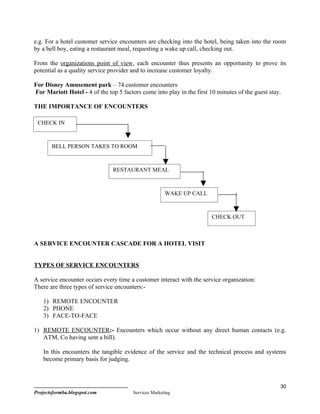 e.g. For a hotel customer service encounters are checking into the hotel, being taken into the room
by a bell boy, eating a restaurant meal, requesting a wake up call, checking out.

From the organizations point of view, each encounter thus presents an opportunity to prove its
potential as a quality service provider and to increase customer loyalty.

For Disney Amusement park – 74 customer encounters
For Mariott Hotel - 4 of the top 5 factors come into play in the first 10 minutes of the guest stay.

THE IMPORTANCE OF ENCOUNTERS

 CHECK IN



       BELL PERSON TAKES TO ROOM



                                RESTAURANT MEAL



                                                       WAKE UP CALL



                                                                        CHECK OUT



A SERVICE ENCOUNTER CASCADE FOR A HOTEL VISIT


TYPES OF SERVICE ENCOUNTERS

A service encounter occurs every time a customer interact with the service organization:
There are three types of service encounters:-

    1) REMOTE ENCOUNTER
    2) PHONE
    3) FACE-TO-FACE

1) REMOTE ENCOUNTER:- Encounters which occur without any direct human contacts (e.g.
   ATM, Co having sent a bill).

    In this encounters the tangible evidence of the service and the technical process and systems
    become primary basis for judging.



                                                                                                   30
Projectsformba.blogspot.com             Services Marketing
 