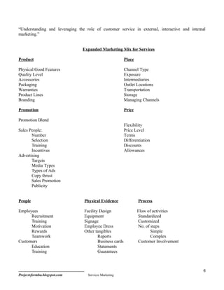 “Understanding and leveraging the role of customer service in external, interactive and internal
marketing.”


                                Expanded Marketing Mix for Services

Product                                                   Place

Physical Good Features                                    Channel Type
Quality Level                                             Exposure
Accessories                                               Intermediaries
Packaging                                                 Outlet Locations
Warranties                                                Transportation
Product Lines                                             Storage
Branding                                                  Managing Channels

Promotion                                                 Price

Promotion Blend
                                                          Flexibility
Sales People:                                             Price Level
       Number                                             Terms
       Selection                                          Differentiation
       Training                                           Discounts
       Incentives                                         Allowances
Advertising
       Targets
       Media Types
       Types of Ads
       Copy thrust
       Sales Promotion
       Publicity


People                           Physical Evidence                Process

Employees                        Facility Design                  Flow of activities
      Recruitment                Equipment                        Standardized
      Training                   Signage                          Customized
      Motivation                 Employee Dress                   No. of steps
      Rewards                    Other tangibles                         Simple
      Teamwork                           Reports                         Complex
Customers                                Business cards           Customer Involvement
      Education                          Statements
      Training                           Guarantees



                                                                                               6
Projectsformba.blogspot.com        Services Marketing
 