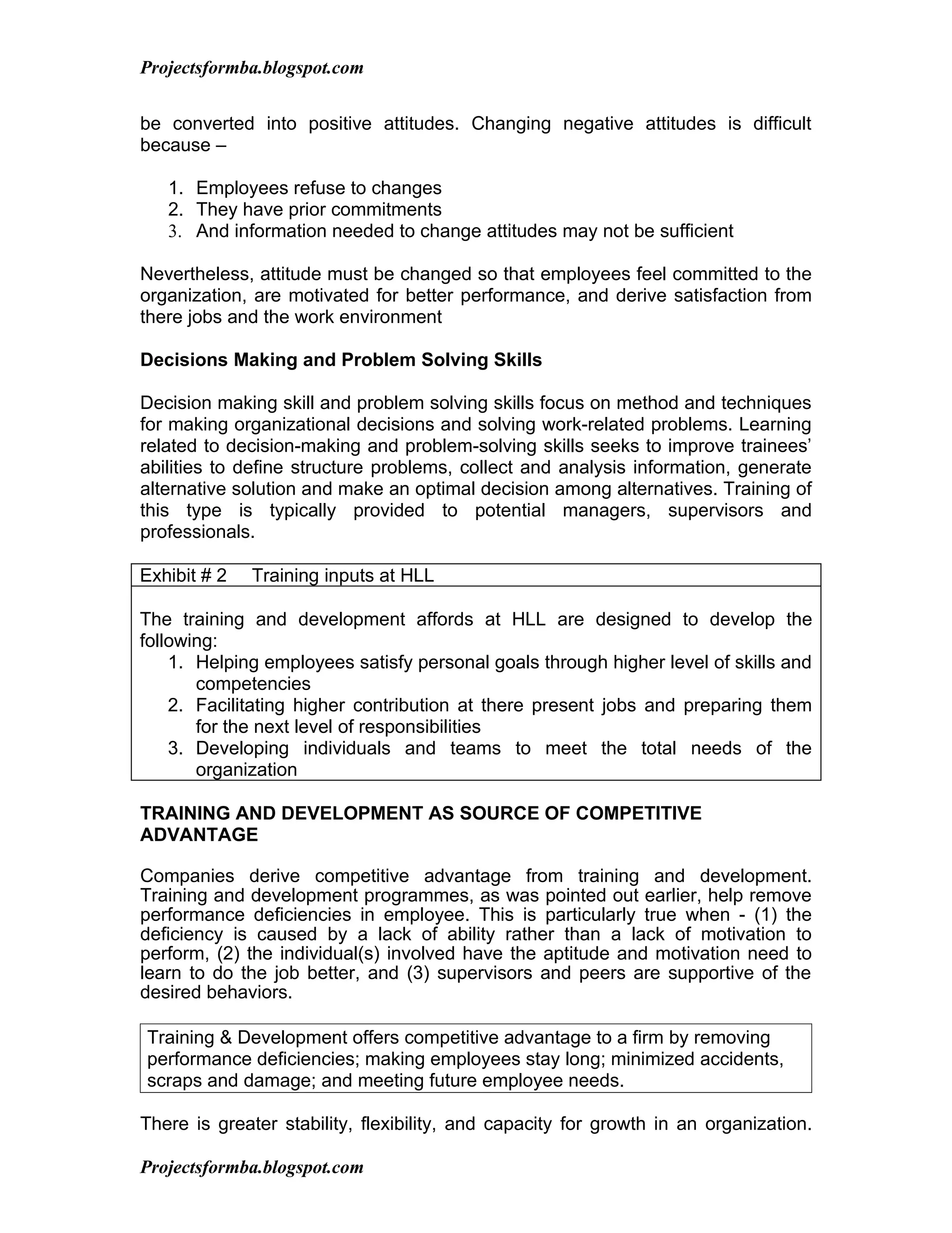 Projectsformba.blogspot.com


be converted into positive attitudes. Changing negative attitudes is difficult
because –

   1. Employees refuse to changes
   2. They have prior commitments
   3. And information needed to change attitudes may not be sufficient

Nevertheless, attitude must be changed so that employees feel committed to the
organization, are motivated for better performance, and derive satisfaction from
there jobs and the work environment

Decisions Making and Problem Solving Skills

Decision making skill and problem solving skills focus on method and techniques
for making organizational decisions and solving work-related problems. Learning
related to decision-making and problem-solving skills seeks to improve trainees’
abilities to define structure problems, collect and analysis information, generate
alternative solution and make an optimal decision among alternatives. Training of
this type is typically provided to potential managers, supervisors and
professionals.

Exhibit # 2   Training inputs at HLL

The training and development affords at HLL are designed to develop the
following:
    1. Helping employees satisfy personal goals through higher level of skills and
       competencies
    2. Facilitating higher contribution at there present jobs and preparing them
       for the next level of responsibilities
    3. Developing individuals and teams to meet the total needs of the
       organization

TRAINING AND DEVELOPMENT AS SOURCE OF COMPETITIVE
ADVANTAGE

Companies derive competitive advantage from training and development.
Training and development programmes, as was pointed out earlier, help remove
performance deficiencies in employee. This is particularly true when - (1) the
deficiency is caused by a lack of ability rather than a lack of motivation to
perform, (2) the individual(s) involved have the aptitude and motivation need to
learn to do the job better, and (3) supervisors and peers are supportive of the
desired behaviors.

Training & Development offers competitive advantage to a firm by removing
performance deficiencies; making employees stay long; minimized accidents,
scraps and damage; and meeting future employee needs.

There is greater stability, flexibility, and capacity for growth in an organization.

Projectsformba.blogspot.com
 
