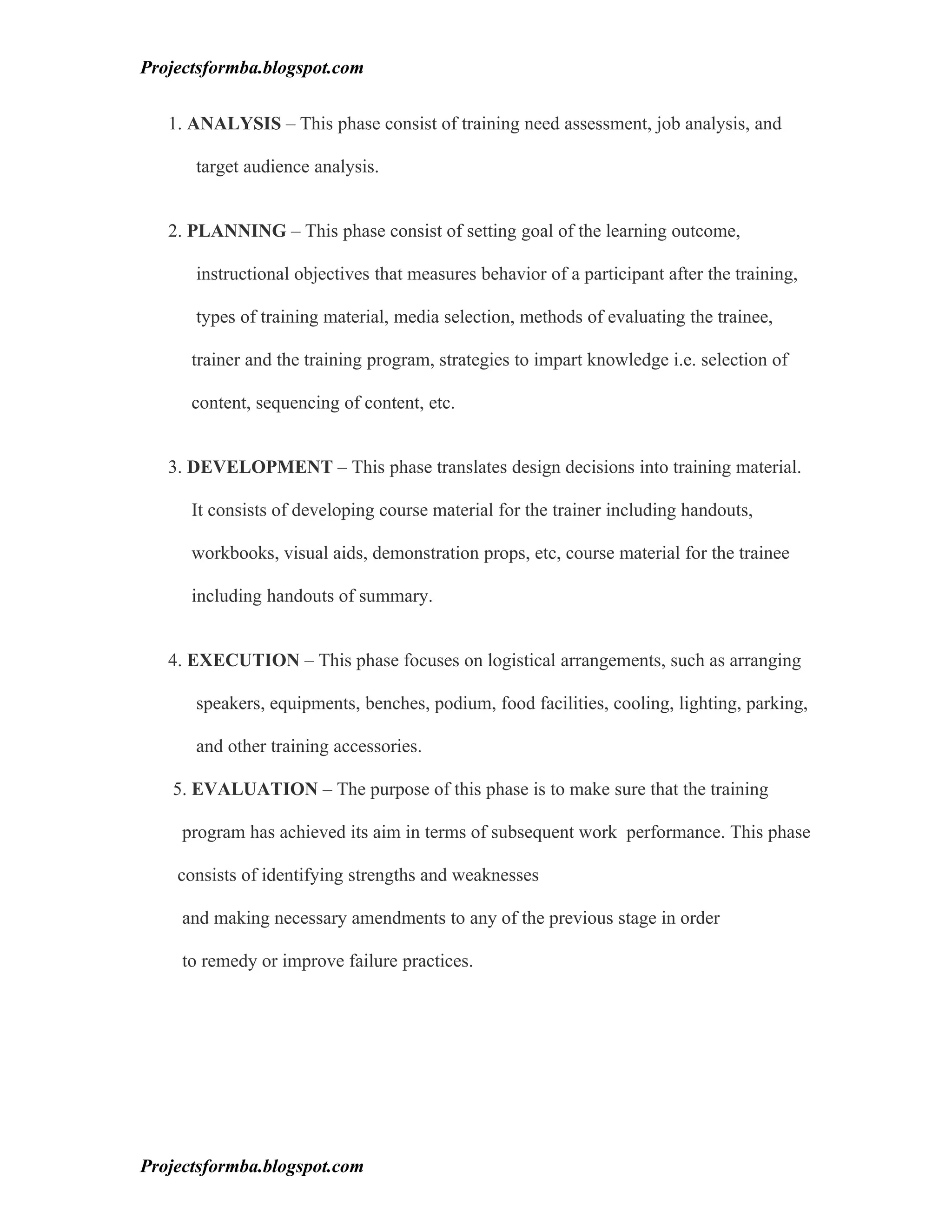 Projectsformba.blogspot.com


   1. ANALYSIS – This phase consist of training need assessment, job analysis, and

      target audience analysis.


   2. PLANNING – This phase consist of setting goal of the learning outcome,

      instructional objectives that measures behavior of a participant after the training,

      types of training material, media selection, methods of evaluating the trainee,

      trainer and the training program, strategies to impart knowledge i.e. selection of

      content, sequencing of content, etc.


   3. DEVELOPMENT – This phase translates design decisions into training material.

      It consists of developing course material for the trainer including handouts,

      workbooks, visual aids, demonstration props, etc, course material for the trainee

      including handouts of summary.


   4. EXECUTION – This phase focuses on logistical arrangements, such as arranging

      speakers, equipments, benches, podium, food facilities, cooling, lighting, parking,

      and other training accessories.

   5. EVALUATION – The purpose of this phase is to make sure that the training

     program has achieved its aim in terms of subsequent work performance. This phase

    consists of identifying strengths and weaknesses

     and making necessary amendments to any of the previous stage in order

     to remedy or improve failure practices.




Projectsformba.blogspot.com
 