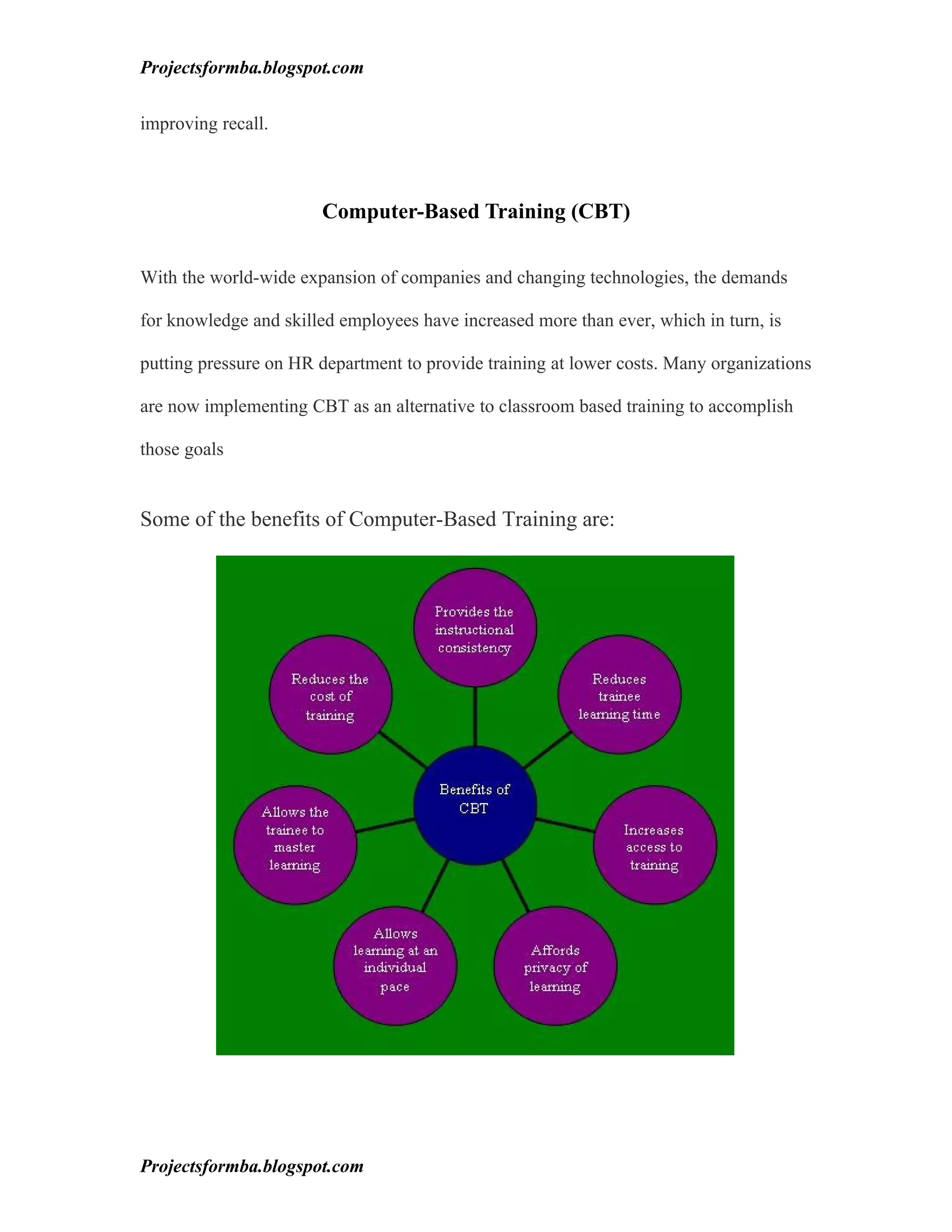 Projectsformba.blogspot.com


improving recall.



                       Computer-Based Training (CBT)

With the world-wide expansion of companies and changing technologies, the demands

for knowledge and skilled employees have increased more than ever, which in turn, is

putting pressure on HR department to provide training at lower costs. Many organizations

are now implementing CBT as an alternative to classroom based training to accomplish

those goals


Some of the benefits of Computer-Based Training are:




Projectsformba.blogspot.com
 