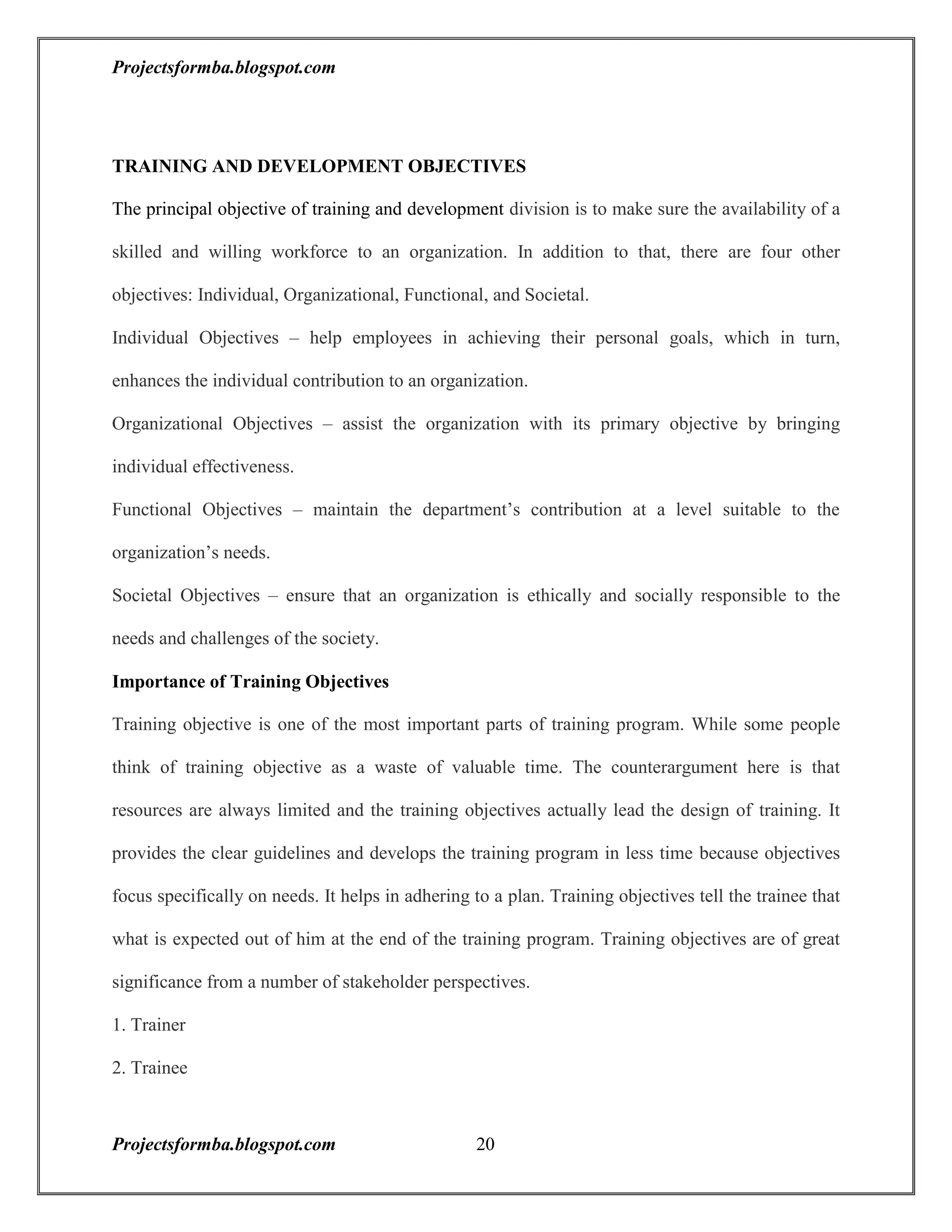 BibliographyCHAPTER-1<br />INTRODUCTION<br />Employee training tries to improve skills, or add to the existing level of knowledge so that employee is better equipped to do his present job, or to prepare him for a higher position with increased responsibilities. However individual growth is not and ends in itself. Organizational growth need to be measured along with individual growth.<br />Training refers to the teaching or learning activities done for the primary purpose of helping members of an organization to acquire and apply the knowledge skills, abilities, and attitude needed by that organization to acquire and apply the same. Broadly speaking training is the act of increasing the knowledge and skill of an employee for doing a particular job.<br />In today’s scenario change is the order of the day and the only way to deal with it is to learn and grow. Employees have become central to success or failure of an organization they are the cornucopia of ideas. So it high time the organization realize that “train and retain is the mantra of new millennium.”<br />SCOPE OF THE STUDY<br />The scope of the study covers in depth, the various training practices, modules, formats being followed and is limited to the company HAL and its employees. The different training programmes incorporated/facilitated in HAL through its faculties, outside agencies or professional groups. It also judges the enhancement of the knowledge & skills of employees and feedback on its effectiveness.<br />OBJECTIVE OF THE STUDY<br />The broad objective of the study of training policies in HAL is to study the impact of training on the overall skill development of workers. The specific objectives of the study are:<br />1. To examine the effectiveness of training in overall development of skills of<br />workforce.<br />2. To examine the impact of training on the workers.<br />3. To study the changes in behavioral pattern due to training.<br />4. To measure the differential change in output due to training<br />5. To compare the cost effectiveness in implanting training programmes.<br />EXECUTIVE SUMMARY<br />Every organization needs to have well trained and experienced people to perform the activities that have to be done. If current or potential job occupants can meet this requirement, training is not important. When this not the case, it is necessary to raise the skill levels and increase the versatility and adaptability of employees. It is being increasing common for individual to change careers several times during their working lives. The probability of any young person learning a job today and having those skills go basically unchanged during the forty or so years if his career is extremely unlikely, may be even impossible. In a rapid changing society employee training is not only an activity that is desirable but also an activity that an organization must commit resources to if it is to maintain a viable and knowledgeable work force.<br />The entire project talks about the training and development in theoretical as well as new concepts, which are in trend now. Here we have discussed what would be the input of training if we ever go for and how can it be good to any organization in reaping the benefits from the money invested in terms like (ROI) i.e. return on investment. What are the ways we can identify the training need of any employee and how to know what kind of training he can go for? Training being covered in different aspect likes integrating it with organizational culture. The best and latest available trends in training method, the benefits which we can derive out of it. How the evaluation should be done and how effective is the training all together. Some of the companies practicing training in unique manner a lesson for other to follow as to how to train and retain the best resource in the world to reap the best out of it.<br />                                     CHAPTER-2<br />                                HAL AN OVER VIEW<br />MISSION<br />“To become a globally competitive aerospace industry while working as an instrument for achieving self-reliance in design, manufacture and maintenance of aerospace defence equipment and diversifying to related areas, managing the business on commercial lines in a climate of growing professional competence \"
<br />VALUES<br />CUSTOMER SATISFACTION<br />We are dedicated to building a relationship with our customers where we become partners in fulfilling their mission. We strive to understand our customers ' needs and to deliver products and services that fulfill and exceed all their requirements.<br />COMMITMENT TO TOTAL QUALITY<br />We are committed to continuous improvement of all our activities. We will supply products and services that conform to highest standards of design, manufacture, reliability, maintainability and fitness for use as desired by our customers.<br />COST AND TIME CONSCIOUSNESS<br />We believe that our success depends on our ability to continually reduce the cost and shorten the delivery period of our products and services. We will achieve this by eliminating waste in all activities and continuously improving all processes in every area of our work.<br />INNOVATION AND CREATIVITY<br />We believe in striving for improvement in every activity involved in our business by pursuing and encouraging risk-taking, experimentation and learning at all levels within the company with a view to achieving excellence and competitiveness.<br />TRUST AND TEAM SPIRIT<br />We believe in achieving harmony in work life through mutual trust, transparency, co-operation, and a sense of belonging. We will strive for building empowered teams to work towards achieving organizational goals.<br />RESPECT FOR THE INDIVIDUAL<br />We value our people. We will treat each other with dignity and respect and strive for individual growth and realisation of everyone's full potential.<br />INTEGRITY<br />We believe in a commitment to be honest, trustworthy, and fair in all our dealings. We commit to be loyal and devoted to our organization. We will practice self discipline and own responsibility for our actions. We will comply with all requirements so as to ensure that our organization is always worthy of trust.<br />Hindustan Aeronautics Limited (HAL) came into existence on 1st October 1964. The Company was formed by the merger of Hindustan Aircraft Limited with Aeronautics India Limited and Aircraft Manufacturing Depot, Kanpur. The Company traces its roots to the pioneering efforts of an industrialist with extraordinary vision, the late Seth Walchand Hirachand, who set up Hindustan Aircraft Limited at Bangalore in association with the erstwhile<br />princely State of Mysore in December 1940. The Government of India became a shareholder in March 1941 and took over the Management in 1942.<br />Today, HAL has 19 Production Units and 9 Research and Design Centers in 7 locations in India. The Company has an impressive product track record – 12 types of aircraft manufactured with in-house R & D and 14 types produced under license. HAL has manufactured over 3550 aircraft 3600 engines and overhauled over 8150 aircraft and 27300 engines. HAL has been successful in numerous R & D programs developed for both Defense and Civil Aviation sectors. HAL has made substantial progress in its current projects:<br />· Dhruv, which is Advanced Light Helicopter (ALH)<br />· Tejas - Light Combat Aircraft (LCA)<br />· Intermediate Jet Trainer (IJT)<br />· Various military and civil upgrades.<br />HAL has played a significant role for India's space programs by participating in the manufacture of structures for Satellite Launch Vehicles like<br />· PSLV (Polar Satellite Launch Vehicle)<br />· GSLV (Geo-synchronous Satellite Launch Vehicle)<br />· IRS (Indian Remote Satellite)<br />· INSAT (Indian National Satellite)<br /> HAL has formed the following Joint Ventures (JVs):<br />· BAeHAL Software Limited<br />· Indo-Russian Aviation Limited (IRAL)<br />· Snecma HAL Aerospace Pvt Ltd<br />· SAMTEL HAL Display System Limited<br />· HALBIT Avionics Pvt Ltd<br />· HAL-Edgewood Technologies Pvt Ltd<br />· INFOTECH HAL Ltd<br />Apart from these seven, other major diversification projects are Industrial Marine Gas Turbine and Airport Services. Several Co-production and Joint Ventures with international participation are under consideration. HAL's supplies / services are mainly to Indian Defense Services, Coast<br />Guards and Border Security Forces. Transport Aircraft and Helicopters have also been supplied to Airlines as well as State Governments of India. The Company has also achieved a foothold in export in more than 30 countries, having demonstrated its quality and price competitiveness.<br />HAL has won several International & National Awards for achievements in R&D, Technology, Managerial Performance, Exports, Energy Conservation, Quality and Fulfillment of Social Responsibilities.<br />· HAL was awarded the “INTERNATIONAL GOLD MEDAL AWARD” for Corporate Achievement in Quality and Efficiency at the International Summit (Global Rating Leaders 2003), London, UK by M/s Global Rating, UK in conjunction with the International Information and Marketing Centre (IIMC).<br />· HAL was presented the International - “ARCH OF EUROPE” Award in Gold Category in recognition for its commitment to Quality, Leadership, Technology and Innovation.· At the National level, HAL won the \"
GOLD TROPHY\"
 for excellence in Public Sector Management, instituted by the Standing Conference of Public Enterprises (SCOPE).<br />The Company scaled new heights in the financial year 2006-07 with a turnover of Rs.7,783.61 Crores.<br />HAL PRODUCT PROFILE<br />Su 30 MKI<br />Twin-seater, Multi-role, Long range Fighter / Bomber / Air Superiority Aircraft<br />MiG-27 M<br />Single-seater Tactical Fighter / Bomber with variable sweep wings<br />EJECTION SEAT<br />The Ejection Seat is installed to provide safe escape to the Pilot from the Aircraft while<br />catapuling is effected with the help of a combined Ejection Gun. The Division has the facilities and expertise in the manufacture and overhaul of ejection seats for both MiG-27M and MiG-21 variants.<br />Jaguar International<br />HAL commenced production of Jaguar International - deep penetration strike and battlefield tactical Support Aircraft in 1979 under licence from British Aerospace, including the engine, accessories and avionics.Jaguar aircraft is designed with 7 hard points ( 4 under wing, 2 over wing and 1 under fuselage) capable of.<br />Dhruv (Advanced Light Helicopter)<br />With a proven track record and established technology for manufacture of helicopters and<br />its components, the Helicopter Division commenced series production of Dhruv (Advanced Light Helicopter) in 2000 - 2001. The ALH is a multi-role, multi-mission helicopter in 5.5 ton class, fully designed and developed by HAL. Built to FAR 29 specifications, Dhruv is designed to meet the requirement of both military and civil operators.<br /> Major Features<br />· Designed to perform both utility and attack roles<br />· Twin engine configuration which allows continued flight virtually throughout the flight      envelope<br />· Incorporates a number of advanced technologies – Integrated Dynamic System (IDS) , Anti-resonance Vibration Isolation System (ARIS) , Full Authority Digital Electronic Control (FADEC) , Hingeless Main Rotor, Bearingless Tail Rotor and Automatic Flight Control<br />System<br />· 7 Dhruv Helicopters were delivered to Indian Defence Forces in 2000-2001 Exports :<br />· Airbus A320 Forward Passenger Doors<br />· Boeing 757 Over Wing Exit Doors<br />· Boeing 777 Uplock Box Assembly<br />· Boeing 767 Bulk Cargo Doors<br />· Boeing 737 Freighter Conversion Kits<br />· BAE Systems – Tornado Pylons<br />· Fokker Aerostructures – F50 Horizontal Stablizers<br />· Boeing -3D-Modelling / Digitisation of Drawings<br />HAL in India<br />Corporate Office<br />· Bangalore<br />Liaison Offices<br />· Mumbai<br />· Delhi<br />· Chennai<br />· Vishakapatnam<br />· Manufacturing Units<br />· Bangalore<br />· Hyderabad<br />· Lucknow<br />· Korwa ( UP)<br />· Koraput (Orissa )<br />· Kanpur<br />· Nasik ( Maharashtra)<br />Design Centers<br />· Bangalore<br />· Hyderabad<br />· Nasik.<br />Liaison Offices out of India<br />· London<br />· Moscow<br />FINANCIAL HIGHLIGHTS<br />Rupees in Crores<br />Particulars 2007-08 2008-09 Growth over Previous Year<br />Sales 8625 10373 20.27%<br />VOP 8791 11811 34.35%<br />Profit before tax 2164 2335 7.90%<br />Profit after tax 1632 1740 6.62%<br />Gross Block 2255 2638 16.98%<br />                                     CHAPTER-3<br />                          TRAINING AND DEVELOPMENT<br />It is a subsystem of an organization. It ensures that randomness is reduced and learning or behavioral change takes place in structured format.<br />TRADITIONAL AND MODERN APPROACH OF TRAINING AND DEVLOPMENT<br />Traditional Approach – Most of the organizations before never used to believe in training. They were holding the traditional view that managers are born and not made. There were also some views that training is a very costly affair and not worth. Organizations used to believe more in executive pinching. But now the scenario seems to be changing.<br />The modern approach of training and development is that Indian Organizations have realized the importance of corporate training. Training is now considered as more of retention tool than a cost. The training system in Indian Industry has been changed to create a smarter workforce and yield the best results.<br />TRAINING DEFINED<br />It is a learning process that involves the acquisition of knowledge, sharpening of skills, concepts, rules, or changing of attitudes and behaviours to enhance the performance of employees. Training is activity leading to skilled behavior<br />• It’s not what you want in life, but it’s knowing how to reach it<br />• It’s not where you want to go, but it’s knowing how to get there<br />• It’s not how high you want to rise, but it’s knowing how to take off<br />• It may not be quite the outcome you were aiming for, but it will be an outcome<br />• It’s not what you dream of doing, but it’s having the knowledge to do it<br />• It's not a set of goals, but it’s more like a vision<br />• It’s not the goal you set, but it’s what you need to achieve it<br />Training is about knowing where you stand (no matter how good or bad the current situation looks) at present, and where you will be after some point of time. Training is about the acquisition of knowledge, skills, and abilities (KSA) through professional development.<br />Importance of Training and Development<br />• Optimum Utilization of Human Resources – Training and Development helps in optimizing the utilization of human resource that further helps the employee to achieve the organizational goals as well as their individual goals.<br />• Development of Human Resources – Training and Development helps to provide an opportunity and broad structure for the development of human resources’ technical and behavioral skills in an organization. It also helps the employees in attaining personal growth.<br />• Development of skills of employees – Training and Development helps in increasing the job knowledge and skills of employees at each level. It helps to expand the horizons of human intellect and an overall personality of the employees<br /> • Productivity – Training and Development helps in increasing the productivity of the employees that helps the organization further to achieve its long-term goal<br />• Team spirit – Training and Development helps in inculcating the sense of team work, team spirit, and inter-team collaborations. It helps in inculcating the zeal to learn within the employees<br />• Organization Culture – Training and Development helps to develop and improve the organizational health culture and effectiveness. It helps in creating the learning culture within the organization.<br />• Organization Climate – Training and Development helps building the positive perception and feeling about the organization. The employees get these feelings from leaders, subordinates, and peers.<br />• Quality – Training and Development helps in improving upon the quality of work and work-life.<br />• Healthy work-environment – Training and Development helps in creating the healthy working environment. It helps to build good employee, relationship so that individual goals aligns with organizational goal.<br />• Health and Safety – Training and Development helps in improving the health and safety of the organization thus preventing obsolescence.<br />• Morale – Training and Development helps in improving the morale of the work force.<br />• Image – Training and Development helps in creating a better corporate image.<br />• Profitability – Training and Development leads to improved profitability and more positive attitudes towards profit orientation.<br />• Training and Development aids in organizational development i.e. Organization gets more effective decision making and problem solving. It helps in understanding and carrying out organizational policies.<br />• Training and Development helps in developing leadership skills, motivation, loyalty, better attitudes, and other aspects that successful workers and managers usually display.<br />TRAINING AND DEVELOPMENT OBJECTIVES<br />The principal objective of training and development division is to make sure the availability of a skilled and willing workforce to an organization. In addition to that, there are four other objectives: Individual, Organizational, Functional, and Societal.<br />Individual Objectives – help employees in achieving their personal goals, which in turn, enhances the individual contribution to an organization.<br />Organizational Objectives – assist the organization with its primary objective by bringing individual effectiveness.<br />Functional Objectives – maintain the department’s contribution at a level suitable to the organization’s needs.<br />Societal Objectives – ensure that an organization is ethically and socially responsible to the needs and challenges of the society.<br />Importance of Training Objectives<br />Training objective is one of the most important parts of training program. While some people think of training objective as a waste of valuable time. The counterargument here is that resources are always limited and the training objectives actually lead the design of training. It provides the clear guidelines and develops the training program in less time because objectives focus specifically on needs. It helps in adhering to a plan. Training objectives tell the trainee that what is expected out of him at the end of the training program. Training objectives are of great significance from a number of stakeholder perspectives.<br />1. Trainer<br />2. Trainee<br />3. Designer<br />4. Evaluator<br />Trainer – The training objective is also beneficial to trainer because it helps the trainer to measure the progress of trainees and make the required adjustments. Also, trainer comes in a position to establish a relationship between objectives and particular segments of training.<br />Trainee – The training objective is beneficial to the trainee because it helps in reducing the anxiety of the trainee up to some extent. Not knowing anything or going to a place which is unknown creates anxiety that can negatively affect learning. Therefore, it is important to keep the participants aware of the happenings, rather than keeping it surprise.<br />Secondly, it helps in increase in concentration, which is the crucial factor to make the training successful. The objectives create an image of the training program in trainee’s mind that actually helps in gaining attention. Thirdly, if the goal is set to be challenging and motivating, then the likelihood of achieving those goals is much higher than the situation in which no goal is Set. Therefore, training objectives helps in increasing the probability that the participants will be successful in training.<br />Designer – The training objective is beneficial to the training designer because if the designer is aware what is to be achieved in the end then he’ll buy the training package according to that only. The training designer would then look for the training methods, training equipments, and training content accordingly to achieve those objectives. Furthermore, planning always helps in dealing effectively in an unexpected situation. Consider an example; the objective of one training program is to deal effectively with customers to increase the sales. Since the objective is known, the designer will design a training program that will include ways to improve the interpersonal skills, such as verbal and non verbal language, dealing in unexpected situation i.e. when there is a defect in a product or when a customer is angry. Therefore, without any guidance, the training may not be designed appropriately.<br />Evaluator – It becomes easy for the training evaluator to measure the progress of the trainees because the objectives define the expected performance of trainees. Training objective is an important to tool to judge the performance of participants.<br />Training and Human Resource Management<br />The HR functioning is changing with time and with this change, the relationship between the training function and other management activity is also changing. The training and development activities are now equally important with that of other HR functions. Gone are the days, when training was considered to be futile, waste of time, resources, and money. Now-a-days, training is an investment because the departments such as, marketing & sales, HR, production, finance, etc depends on training for its survival. If training is not considered as a priority or not seen as a vital part in the organization, then it is difficult to accept that such a company has effectively carried out HRM. Training actually provides the opportunity to raise the profile development activities in the organization. To increase the commitment level of employees and growth in quality movement (concepts of HRM), senior management team is now increasing the role of training. Such concepts of HRM require careful planning as well as greater emphasis on employee development and long term education.<br />Training is now the important tool of Human Resource Management to control the attrition rate because it helps in motivating employees, achieving their professional and personal goals, increasing the level of job satisfaction, etc. As a result training is given on a variety of skill development and covers a multitude of courses.<br />Role of HRD Professionals in Training<br />This is the era of cut-throat competition and with this changing scenario of business; the role of HR professionals in training has been widened. HR role now is:<br />1. Active involvement in employee education<br />2. Rewards for improvement in performance<br />3. Rewards to be associated with self esteem and self worth<br />4. Providing pre-employment market oriented skill development education and post employment support for advanced education and training<br />5. Flexible access i.e. anytime, anywhere training.<br />Models of Training<br />Training is a sub-system of the organization because the departments such as, marketing & sales, HR, production, finance, etc depends on training for its survival. Training is a transforming process that requires some input and in turn it produces output in the form of knowledge, skills, and attitudes (KSAs).<br />THE TRAINING SYSTEM<br />A System is a combination of things or parts that must work together to perform a particular function. An organization is a system and training is a sub system of the organization. The System Approach views training as a sub system of an organization. System Approach can be used to examine broad issues like objectives, functions, and aim. It establishes a logical relationship between the sequential stages in the process of training need analysis (TNA), formulating, delivering, and evaluating. There are 4 necessary inputs i.e. technology, man, material, time required in every system to produce products or services. And every system must have some output from these inputs in order to survive. The output can be tangible or intangible depending upon the organization’s requirement. A system approach to training is planned creation of training program. This approach uses step-by-step procedures to solve the problems. Under systematic approach, training is undertaken on planned basis. Out of this planned effort,<br />one such basic model of five steps is system model that is explained below. Organization are working in open environment i.e. there are some internal and external forces, that poses threats and opportunities, therefore, trainers need to be aware of these forces which may impact on the content, form, and conduct of the training efforts. The internal forces are the various demands of the organization for a better learning environment; need to be up to date with the latest technologies.<br />The three model of training are:<br />1. System Model<br />2. Instructional System Development Model<br />3. Transitional model<br />System Model Training<br />The system model consists of five phases and should be repeated on a regular basis to make further improvements. The training should achieve the purpose of helping employee to perform their work to required standards. <br />Model of training are as follows:<br />1. Analyze and identify the training needs i.e. to analyze the department, job, employees requirement, who needs training, what do they need to learn, estimating training cost, etc.<br />2. The next step is to develop a performance measure on the basis of which actual performance would be evaluated.<br />3. Design and provide training to meet identified needs. This step requires developing objectives of training, identifying the learning steps, sequencing and structuring the contents.<br />4. Develop- This phase requires listing the activities in the training program that will assist the participants to learn, selecting delivery method, examining the training material, validating information to be imparted to make sure it accomplishes all the goals & objectives.<br />5. Implementing is the hardest part of the system because one wrong step can lead to the failure of whole training program.<br />6. Evaluating each phase so as to make sure it has achieved its aim in terms of subsequent work performance. Making necessary amendments to any of the previous stage in order to remedy or improve failure practices Instructional System Development Model(ISD)Model Instructional System Development model was made to answer the training problems. This model is widely used now-a-days in the organization because it is concerned with the training need on the job performance. Training objectives are defined on the basis of job responsibilities and job description and on the basis of the defined objectives individual progress is measured. This model also helps in determining and developing the favorable strategies, sequencing the content, and delivering media for the types of training objectives to be achieved.<br />The Instructional System Development model comprises of five stages:<br />1. ANALYSIS – This phase consist of training need assessment, job analysis, and target audience analysis.<br />2. PLANNING – This phase consist of setting goal of the learning outcome, instructional objectives that measures behavior of a participant after the training, types of training material, media selection, methods of evaluating the trainee, trainer and the training program, strategies to impart knowledge i.e. selection of content, sequencing of content, etc.<br />3. DEVELOPMENT – This phase translates design decisions into training material. It consists of developing course material for the trainer including handouts, workbooks, visual aids, demonstration props, etc, course material for the trainee including handouts of summary.<br />4. EXECUTION – This phase focuses on logistical arrangements, such as arranging speakers, equipments, benches, podium, food facilities, cooling, lighting, parking, and other training accessories.<br />5. EVALUATION – The purpose of this phase is to make sure that the training program has achieved its aim in terms of subsequent work performance. This phase consists of identifying strengths and weaknesses and making necessary amendments to any of the previous stage in order to remedy or improve failure practices.<br />The ISD model is a continuous process that lasts throughout the training program. It also highlights that feedback is an important phase throughout the entire training program. In this model, the output of one phase is an input to the next phase. Transitional model focuses on the organization as a whole. The outer loop describes the vision, mission and values of the organization on the basis of which training model i.e. inner loop is executed.<br />Vision – focuses on the milestones that the organization would like to achieve after the<br />defined point of time. A vision statement tells that where the organization sees itself few<br />years down the line. A vision may include setting a role mode, or bringing some internal<br />transformation, or may be promising to meet some other deadlines<br /> Mission – explain the reason of organizational existence. It identifies the position in the<br />community. The reason of developing a mission statement is to motivate, inspire, and inform the employees regarding the organization. The mission statement tells about the identity that how the organization would like to be viewed by the customers, employees, and all other stakeholders.<br /> Values – is the translation of vision and mission into communicable ideals. It reflects the deeply held values of the organization and is independent of current industry environment. For example, values may include social responsibility, excellent customer service, etc.<br />The mission, vision, and values precede the objective in the inner loop. This model considers the organization as a whole. The objective is formulated keeping these three things in mind and then the training model is further<br />DIFFERENCE BETWEEN TRAINING AND DEVELOPMENT:<br />Training and development go hand in hand and are often used synonymously but there is a difference between them. Training is the process of learning a sequence of programmed behavior. It is an application of knowledge. It gives people an awareness of the rules and procedures to guide their behavior. It intends to improve their performance on the current job and prepares them for an intended job.<br />Development is a related process. It covers not only those activities, which improve job performance, but also those, which bring about growth of the personality. It helps individual in the progress towards maturity and actualization of potential capabilities so that they can become not only good employees but better human beings.<br />                                                        CHAPTER-4<br />                             LEARNING AND TRAINING<br />Irrespective of the type or method of training, a trainer has to keep in mind some of the principles of learning or motivation, which would enhance internationalization of what is taught.<br />PRINCIPLES OF TRAINING<br /> MOTIVATION<br />Learning is enhanced when the learner is motivated. Learning experience must be designed so learners can see how it will help in achieving the goals of the organization. Effectiveness of training depends on motivation.<br /> FEEDBACK<br />Training requires feedback. It is required so the trainee can correct his mistakes. Only getting information about how he is doing to achieve goals, he can correct the deviations.<br /> REINFORCEMENT<br />The principle of reinforcement tells the behaviors that are positively reinforced are encouraged and sustained. It increases the likelihood that a learned behavior well be repeated.<br /> PRACTICE<br />Practice increases a trainee’s performance. When the trainees practice actually, they gain confidence and are less likely to make errors or to forget what they have learned.<br /> INDIVIDUAL DIFFERENCES<br />Individual training is costly. Group training is advantageous to the organization. Individuals vary in intelligence and aptitude from person to person. Training must be geared to the intelligence and aptitude of individual trainee.<br />OBJECTIVES OF TRAINING<br /> TO INCREASE PRODUCTIVITY<br />An instructor can help employees increase their level of performance on their assignment. Increase in human performance leads to increase in the operational productivity and also the increase in the profit of the company.<br /> TO IMPROVE QUALITY<br />Better-trained workers are less likely to make operational mistakes. It can be in relationship to the company or in reference to the intangible organizational employment atmosphere.<br /> TO HELP A COMPANY FULFILL ITS FUTURE PERSONNEL NEEDS<br />The organizations having good internal training and development programmes will have to make less changes and adjustments. When the need arises, vacancies can be easily staffed.<br /> TO IMPROVE ORGANIZATIONAL CLIMATE<br />An endless chain of positive reactions result from a well planned training programme.<br /> TO IMPROVE HEALTH AND SAFETY<br />Proper training can prevent industrial accidents. A safer atmosphere leads to<br />more stable attitudes on part of the employees.<br /> PERSONAL GROWTH<br />Employees on a personal basis gain individually from their exposure to educational expressions. Training programmes give them wider awareness and skills<br /> NEED FOR TRAINING<br /> To impart to the new entrants the basic knowledge and skills they need for definite tasks.<br /> To assist employees to function more effectively in their present positions by exposing them to new concepts.<br /> To build a line of competent people and prepare them to occupy more responsible positions.<br /> To reduce the supervision time, wastage and spoilage of new material.<br /> To reduce the defects and minimize the industrial accidents.<br /> To ensure the economical output of the required quality.<br /> To prevent obsolescence.<br /> To promote individual and collective morale, responsibility and cooperative attitudes etc.<br />TRAINING INPUTS<br />There are three basic types of inputs;<br />(i)Skills<br />(ii)Attitude<br />(iii)Knowledge.<br />The primary purpose of training is to establishing a sound relationship is at its best when the workers attitude to the job is right, when the workers knowledge of the job is adequate, and he has developed the necessary skills. Training activities in an industrial organization are aimed at making desired modifications in skills, attitudes and knowledge of employee so that they perform their jobs most efficiently and effectively<br />.<br />BEST TIME TO IMPART TRAINING TO EMPLOYEE<br />1. NEW RECRUITS TO THE COMPANY<br />These have a requirement for induction into the company as a whole in terms of its business activities and personnel policies and provisions, the terms, conditions and benefits appropriate to the particular employee, and the career and advancement opportunities available.<br />2. TRANSFEREES WITHIN THE COMPANY<br />These are people who are moved from one job to another, either within the same work area, i.e. the same department or function, or to dissimilar work under a different management. Under this heading we are excluding promotions, which take people into entirely new levels of responsibility.<br />3. PROMOTIONS<br />Although similar to the transferee in that there is a new job to be learned in new surroundings, he is dissimilar in that the promotion has brought him to a new level of supervisory or management responsibility. The change is usually too important and difficult to make successfully to permit one to assume that the promotes will pick it up as he goes along and attention has to be paid to training in the tasks and the responsibilities and personal skills necessary for effective performance.<br />4. NEW PLANT OR EQUIPMENT<br />Even the most experienced operator has everything to learn when a computer and electronic controls replace the previous manual and electro-mechanical system on the process plant on which he works. There is no less a training requirement for the supervisors and process management, as well as for technical service production control and others.<br />5. NEW PROCEDURES<br />Mainly for those who work in offices in commercial and administrative functions but also for those who we workplace is on the shop floor or on process plant on any occasion on which there <br />is a modification to existing paperwork or procedure for, say the withdrawal of materials from stores, the control of customer credit the approval of expense claims, there needs to be instruction on the change in the way of working in many instances, a note bringing the attention of all concerned the change is assume to be sufficient, but there are cases, such as when total new systems in corporating IT up dates are installed, when more thorough training is needed.<br />6. NEW STANDARDS, RULES AND PRACTICES<br />Changes in any one these are likely to be conveyed by printed note or by word of mouth by the manager to his subordinates, and this can be the most satisfaction way of dealing with the change from the point of view of getting those affected to understand their new responsibility. However not all changes under this heading can be left to this sort of handling. Even the simplest looking instruction may be regarded as undesirable or impracticable by whoever has to perform it he may not understand the purpose behind the change and lose confidence in a management which he now believes to be ‘messing about’, or he may understand the purpose and have a better alternative to offer if it is not too late.<br />7. NEW RELATIONSHIP AND AUTHORITIES<br />These can arise, as a result of management decisions, in a number of ways. In examples, the recognition of the accounts department can result in a realization of responsibilities between the section leaders of credit control, invoicing and customer records, although there is no movement of staff between the sections (i.e. no transfers). Although the change in work content for each clerk and supervisor is defined clearly for each person in the new procedures, there is nevertheless a need for each person to know where he stands in the new set up, which is responsible for what, and where to direct problems and enquiries as they arise in the future.<br />8. MAINTENANCE OF STANDARDS<br />We are here concerned with maintenance of standards through training, for it must be remembered that supervision and inspection and qualify control are continuously responsible for standards and exercise their own authorities to this end. Although it is generally agreed that some retraining from time to time, taking varied forms even for the on group of employees, does act as both a reminder and a stimulus, there is not much agreement on the next frequency and form that such retraining should take, of there is as yet little scientific knowledge on this subject which is of much use in industrial situations.<br />9. THE MAINTENANCE OF ADAPTABILITY<br />Again, whilst there is little scientific study of the loss of ability to learn new skills in those cases where people spend a long time without change, and without the need to learn, there is increasing evidence in current experience to suggest that this is the case in industrial employment. Add, of course, there is the inference arising from the laboratory experiments of psychologists.<br />10. THE MAINTENANCE OF MANAGEMENT SKILLS &<br />STANDARDS<br />Skills in supervising, employee appraisal, communications, leadership etc are important in all companies. Some of these skills are seen to be critical to major developments in company organisation, culture, employee empowerment and so on. Initial training in these skills is not uncommon in the largest companies on appointment into management and supervision. But continuous training and performance monitoring is rare, despite the common knowledge that standards are as varied as human nature.<br />11. RETIREMENT AND REDUNDANCY<br />Employees of any position in the company who are heading towards retirement will benefit from learning about health, social life, work opportunities money management etc. Internal or external courses are best attended a year or two before retirement date, in a few companies a member of Personnel will act as a counselor as required.<br />TYPES OF TRAINING<br />Training is required for several purposes. Accordingly training programmes may be of the following types:<br /> Orientation training: Induction or orientation training seeks to adjust newly appointed employees to the work environment. Every new employee needs to be made fully familiar with his job, his superiors and subordinates and with the rules and regulations of the organization. Induction training creates self-confidence in the employees. It is also knows as pre-job training.<br />It is brief and informative.<br /> Job training: It refers to the training provided with a view to increase the knowledge and skills of an employee for performance on the job. Employees may be taught the correct methods of handling equipment and machines used in a job. Such training helps to reduce accidents, waste and inefficiency in the performance of the job.<br /> Safety training: Training provided to minimize accidents and damage to machinery is known as safety training. It involves instruction in the use of safety devices and in safety consciousness.<br /> Promotional training: It involves training of existing employees to enable them to perform higher-level jobs. Employees with potential are selected and they are given training before their promotion, so that they do not find it difficult to shoulder the higher responsibilities of the new positions to which they are promoted.<br /> Refresher training: When existing techniques become obsolete due to the development of better techniques, employees have to be trained in the use of new methods and techniques. With the passage of time employee may forget some of the methods of doing work. Refresher training is designed to revive and refresh the knowledge and to update the skills of the existing employees. Short-term refresher courses have become popular on account of rapid changes in technology and work methods. Refresher or re-training programmes are conducted to avoid obsolescence of knowledge and skills.<br />METHODS OF TRAINING<br /> ON-THE-JOB TECHNIQUES<br />On the job techniques enables managers to practice management skills, make mistakes and learn from their mistakes under the guidance of an experienced, competent manager. Some of the methods are as:<br />· Job Rotation: It is also referred to as cross straining. It involves placing an employee on different jobs for periods of time ranging from a few hours to several weeks. At lower job levels, it normally consumes a short period, such as few hours or one or two days. At higher job levels, it may consume much larger periods because staff trainees may be learning complex functions and responsibilities. Job rotation for managers usually involves temporary assignments that may range from several months to one or more years in various departments, plants and offices. Job rotation for trainees involves several short-term assignments, that touch a variety of skills and gives the trainees a greater understanding of how various work areas function.For middle and upper level management, it serves a slightly different function. At this stage, it involves lateral promotions, which last for one or more years. It involves a move to different work environment so that manager may develop competence in general management decision-making skills.<br />· Enlarged and enriched job responsibilities:<br />METHODS OF TRAINING<br />ON- THE- JOB METHODS<br />OFF- THE- JOB METHODS<br />By giving an employee added job duties, and increasing the autonomy and responsibilities associated with the job, the firm allows an employee to learn a lot about the job, department and organization.<br />· Job instruction training:<br />It is also known as step-by-step training. Here, the trainer explains the trainee the way of doing the jobs, job knowledge and skills and allows him to do the job. The trainer appraises the performance of the trainee, provides feedback information and corrects the trainee. In simple words, it involves preparation, presentation, performance, and tryout and follow up.<br />· Coaching:<br />The trainee is placed under a particular supervisor who functions as a coach in training the individual. The supervisor provides the feedback to the trainee on his performance and offers him some suggestions for improvement. Often the trainee shares some duties and responsibilities of the coach and relives him of his burden. A drawback is that the trainee may not have the freedom or opportunity to express his own ideas.<br />· Committee assignments:<br />Here in, a group of trainees are given and asked to solve an actual organizational problem. The trainees solve the problem jointly. This develops team work and group cohesiveness feelings amongst the trainees.<br /> OFF-THE-JOB TRAINING<br />It includes anything performed away from the employee’s job area or immediate work area.<br />Two broad categories of it are:<br />· IN HOUSE PROGRAMMES<br />These are conducted within the organizations own training facility; either by training specialists from HR department or by external consultant or a combination of both.<br />· OFF-SITE PROGRAMMES<br />It is held elsewhere and sponsored by an educational institution, a professional association, a government agency or an independent training and development firm. The various off- the- job-training programmes are as follows:<br />· Vestibule training: Herein, actual work conditions are simulated in a classroom. Material, files and equipment those are used in actual job performance are also used in training. This type of training is commonly used for training personnel for clerical and semiskilled jobs. The duration of this training ranges from few days to a few weeks. Theory can be related to practice in this method.<br />· Role-playing: It is defined as a method of human interaction that involves realistic behaviour in imaginary situations. This method involves action doing and practice. The participants play the<br />role of certain characters, such as production manager, HR manager, foreman, workers etc. This method is mostly used for developing interpersonal interactions and relations.<br />· Lecture method: The lecture is a traditional and direct method of instruction. The instruction organizes the material and gives it to the group of trainees in the form of a talk. To be effective, the lecture must motivate and create interest among the trainees. An advantage of this method is that it is direct and can be used for a large group of trainees.<br />· Conference or discussion: It is a method in training the clerical, professional and supervisory personnel. It involves a group of people who pose ideas, examine and share facts and data, test assumptions and draw conclusions, all of which contribute to the improvement of job performance. It has an advantage that it involves two way communication and hence feedback is provided. The participants feel free to speak in small groups. Success depends upon the leadership qualities of the person who leads the group.<br />· Programmed instruction: This method has become popular in recent years. The subject matter to be learned is presented in a series of carefully planned sequential units. These units are arranged from simple to mere complex levels of instructions. The trainee goes through these units by answering questions or filling the blanks. This method is expensive and time consuming.<br />EXECUTIVE DEVELOPMENT PROCESS<br />Executives are the people who shape the policies, make the decisions and see their implementation in any business organization. They are the president, the vice-president, the managing director, works manager, plant superintendent, controller, treasurer, office managers, engineers, directors of functions such as purchasing, research, personnel, legal, marketing etc.<br />Executive development may be stated as the application of planned efforts for raising the performance standards of high level managers, and for improving the attitudes and activities that enter into or influence their work and their work relations.<br />Following are the steps, which are involved in the development process of executives:<br /> OBJECTIVES<br />The first and foremost step is to define the long- term objectives of training and development of executives.<br /> STRENGTH AND WEAKNESS<br />An inventory of managers is taken with special focus on their strength in terms of managerial skills and other attributes. Their unique capabilities, specialist knowledge and achievements are listed down against each. A comparison with the requirement of the organization will bring the gap in knowledge and skills of existing executive. This is the weakness.<br /> LONG- RANGE PLANS<br />Here the management prepares long-term training and development plans for their executives, which include the annual training targets, the annual budgets and the specific area of training.<br /> SHORT- TERM PROGRAMME<br />This programme specify the duration, starting time, ending time, number of executives being trained, identify the resources etc.<br /> IMPLEMENTATION<br />The training programme envisaged before is put into operation. The actual training is initiated by proper timetable and other arrangements.<br /> EVALUATION<br />In this step, the effectiveness of the executive training programme is evaluated by measuring the improved performance of executives who underwent the programme, on their job. There are various criteria of measuring effectiveness such as validity, reliability etc.<br />EVALUATING THE EFFECTIVENESS OF TRAINING<br />An Investor in People evaluates the investment in training and development to assess achievement and improve future effectiveness. Kearns (1994) suggests that there are four groups of ‘measures’ of training effectiveness, which are used by organization.<br />The groups are as follows:<br />- No Measurement<br />- Subjective Measures<br />- Qualitative Measures<br />- Objective Measures<br />The first group, in which no real measurement occurs, includes activities undertaken as an “Act of Faith”, where no form of measurement is attempted, such as initiatives to improve communications in organization, which seem to make people feel good and appear to have worked in some intangible manner. <br />The second group includes subjective responses from trainees/course delegates, as exemplified by the “Happy Sheet”. The main question asked is about how individuals feel after the training. Organizations often make the assumption that positive responses indicate training success and therefore value to the organization. However, course delegates may well give strong positive response scores for a number of reasons, including the presentational skills of the trainer, the quality of the venue, and the “feel good” factor of indulging in a creative work group, and so on. Quality measures appear to be more objective than the previous group, but are often flawed by subjectivity as well. They are typified by questionnaires asking delegates to “put a value on” the likely benefits of a training programme. Objective measures are the only really meaningful ones. However, they challenge the provider of training to demonstrate how their training activities feed through to the “bottom line”: in terms of return on investment and return on the capital employed. There has often been an assumption, in times past,that training somehow “justifies itself”, because it is all about developing people. However, it is incumbent on organizations to look critically at the ways in which they evaluate their training activities, lest they fall prey to the subject approach and are badly caught out when a rigorous analysis of all the functions of the organization’s business is called for. A desirable, if not essential, characteristic of all training programmes is a built-in provision for evaluation.<br />The four main dimensions of evaluation are:<br /> EVALUATION OF TRAINING INPUTS<br />This involves the evaluation of the training curriculum and its sequencing.<br /> EVALUATION OF THE TRAINING PROCESS<br />The climate of the training organization, the relationship between participants and trainers, the general attitude, and approaches of the trainers, training methods, etc are some of the important elements of the training process which also needs to be evaluated.<br /> EVALUATION OF TRAINING OUTCOMES<br />Measuring the carry-home value of a training programme in terms of what has been achieved and how much is the main task of evaluation. This, however, is a complex technical and professional task. Benefits of a training programme are not obvious and they are not readily measurable. Payoffs from training are intangible and rather slow to become apparent. A central problem is the absence of objective criteria and specific definitions of relevant variables by which to measure the effectiveness either of specific programmes or changes in employee behaviour. Nevertheless, the good personnel managers do make an effort to systematically appraise the benefits and results of their programmes.<br />In job-related training, the objective is to train people for specific job skills so that their productivity may increase. Evaluation can be done either to the direct criterion of increase in output or to the indirect criteria of decrease in cost, breakage or rejects. Even more indirect are measures that point out changes in absenteeism or turnover. The most difficult problems of evaluation lie in the area of human relations skill training, which is given to the supervisors and middle- level managers. Supervisory and managerial training programmes are, for this reason, less amenable to objective review procedures. Much subjectivity enters into evaluations of these programmes, since exact standards and criteria are hard to devise.<br />                                                      CHAPTER-5<br />                  TRAINING PROGRAMMES IN HAL<br />HAL follows the philosophy to establish and build a strong performance driven culture with greater accountability and responsibility at all levels. To that extent the Company views capability as a combination of the right people in the right jobs, supported by the right processes, systems, structure and metrics. The Company organizes various training and development programmes, both inhouse and at other places in order to enhance the skills and efficiency of its employees. These training and development programmes are conducted at various levels for officers.<br />TRAINING IN HAL<br />HAL provides training to all its employees as per the policy of the organization.<br />PURPOSE OF TRAINING: To ensure availability of trained manpower.<br />SCOPE: All categories of employees<br />IDENTIFICATION OF NEEDS<br />MANAGEMENT STAFF<br />The Performance Appraisal form of the organization has a section in which the training and development needs are filled up. The Individual Officer first identifies the training needs of himself and then it is recommended by the reporting Officer and then by the Departmental Head.<br />The Training needs as identified in the PAR are recorded by the HRD Department and necessary action is taken for imparting the identified training. Training needs are identified based on:<br />- Company’s strategy and policy.<br />- Organizational Thrust Areas.<br />- New Emerging Areas.<br />PREPARATION OF TRAINING PLAN :<br />The training of Executives in HAL is given by :<br />HAL Management Academy a unique body for imparting training to the Executives of HAL & Out side agencies.<br />IMPARTING OF TRAINING<br />Actual training is imparted with the help of in-house and outside agencies. The selection of these agencies is done on the basis of reputation; programmes offered by them, past experience and feedback received from the earlier participants. Training is also imparted by nominating the concerned employee for an external training programme. All records of the training are maintained at branch as per Record of Training in the Personnel folder and the same is intimated to the Executive Office Personnel through the Monthly Personnel Report.<br />FEEDBACK<br />A feedback is taken from the participants through a questionnaire on the programme and their impressions in order to further improve upon the same. There are three such questionnaires available and one of these is used depending upon the nature of the training programme and the level of participants. Also, a person from the personnel department sits through the final session of the programme and takes the verbal feedback about the programme.<br />INDUCTION TRAINING<br />This is carried out as the very first step for any new entrant into Company. The department prepares a schedule for the employee as per which he is required to spend specific time in each department. During such period, he is reporting to the respective department head. The objective of the induction programme is to familiarize the participant to the function of different department. The copies of the same are sent to the General Manager and all concerned. At the end of the induction, the trainee has to submit a report to the Personnel Department.<br />MANAGEMENT TRAINEE’S TRAINING<br />Management trainees are given a fortnight of induction programme. Corporate HR advises it as per Management Trainee Training programme designed by them. Thereafter, a detailed training programme is carried out whereby the incumbent is to understand in depth of working of each department at various locations as per the programme given by the Corporate HR. Corporate HR<br />maintains all relevant records pertaining to Management Trainee’s training at Bangalore.<br />A person gets nominated for the training programme in the following two ways:<br />a) Training programme flowing from the training needs.<br />b) Training programme for testing out the training/ increased awareness/ general information/ omnibus training types etc.<br />TRAINING PROGRAMMES FLOWING FROM TRAINING NEEDS:<br />The programmes are divided into three broad categories:<br />- Functional<br />- Behavioral<br />- General/ Omnibus programmes<br />1. Functional: The outcome of the training is measured by comparing the data pre-training and post-training. A scale is developed for measuring the effectiveness of training based on the % achievement of the objectives.<br />2. Behavioral: The effectiveness of the training of this nature is measured annually. This is seen through the training need identification for the coming year for the employee. If the training need is repeated there, then the training provided is taken as ineffective. If the training need is repeated but with focus on a part of the need, then the training is partially effective. If not<br />repeated, then the training is effective.<br />3. General: These are the training needs flowing directly from the organizational needs. Examples of these can be ISO 9000 training, ISO 14000 training and any awareness training. These are omnibus training programmes, which are run for a large number of employees.<br />The effectiveness of the training is measured by:<br />- Achievement of those organizational objectives within the time lines.<br />- Number of audit issues raised on the areas covered in the training.<br />- Any other such thing as defined in the training brochure.<br />The effectiveness of the outside training programme is measured on the same line as above. However, no detailed brochure is prepared for the same. The measurement criterion for the programme is defined in the beginning of the programme and effectiveness measured against the same. A consolidated effectiveness report of the training programme is prepared at the end of the year. The programmes that are found to be ineffective are reworked.<br />Training programme for testing out the training<br />Also there are training programmes, which are not flowing directly from the training needs measurement of effectiveness of the training is not needed to be measured.<br />CHAPTER-6<br />RESEARCH OBJECTIVES<br />OBJECTIVES OF THE STUDY<br />The first & foremost step in any research work is to identify the problems or objectives on which the researcher has to work on.<br />MAJOR OBJECTIVE<br /> To analyze the existing training practices, its effectiveness and recommend measures to improve the training practices in HAL.<br />MINOR OBJECTIVES<br /> To study the frequency of training, training methods and their effects on the trainees and recommend certain measures for improvement.<br /> To understand the present practices enforced in respect of training at the personnel department and recommend any changes if necessary.<br /> To take feedback and analyze the level of satisfaction amongst the employees in respect of training activities and suggest alternatives.<br />RESEARCH METHODOLOGY<br />Every project work is based on certain methodology, which is a way to systematically solve the problem or attain its objectives. It is a very important guideline and lead to completion of any project work through observation, data collection and data analysis .<br />According to Clifford Woody, “Research Methodology comprises of defining & redefining problems, collecting, organizing &evaluating data, making deductions &researching to conclusions.”<br />Accordingly, the methodology used in the project is as follows: -<br /> Defining the objectives of the study<br /> Framing of questionnaire keeping objectives in mind (considering the objectives)<br /> Feedback from the employees<br /> Analysis of feedback<br /> Conclusion, findings and suggestions.<br />SELECTION OF SAMPLE SIZE<br />In order to take a reasonable sample size and not to disturb the functioning of the organization, a sample size of reasonable strength of the Company has been taken in order to arrive at the present practices of training in the Company.<br />Accordingly, 50 officers have been selected at random from all the departments of the organization and feedback forms (questionnaire) have been obtained. The data has been analyzed in order to arrive at present training practices in the organization.<br />SAMPLING TECHNIQUE USED<br />The technique of Random Sampling has been used in the analysis of the data/Random sampling from a finite population refers to that method of sample selection, which gives each possible sample combination an equal probability of being picked up and each item in the entire population to have an equal chance of being included in the sample. This sampling is without replacement, i.e. once an item is selected for the sample, it cannot appear in the sample again.<br />DATA COLLECTION<br />To determine the appropriate data for research mainly two kinds of data was collected namely primary & secondary data as explained below:<br />PRIMARY DATA<br />Primary data are those, which were collected afresh & for the first time and thus happen to be original in character. However, there are many methods of collecting the primary data; all have not been used for the purpose of this project. The ones that have been used are:<br /> Questionnaire<br /> Informal Interviews<br /> Observation<br />SECONDARY DATA<br />Secondary data is collected from previous researches and literature to fill in the respective project. The secondary data was collected through:<br /> Text Books<br /> Articles<br /> Journals<br /> Websites<br />STATISTICAL TOOLS USED<br />The main statistical tools used for the collection and analyses of data in this project are:<br /> Pie Charts<br /> Tables<br />LIMITATIONS OF THE STUDY<br />The following are the limitations of the study:<br /> The sample size was small and hence the results can have a degree of variation.<br /> The response of the employees in giving information was lukewarm.<br />SCOPE OF THE STUDY<br />Training Effectiveness is the process wherein the management finds out how effective it has been at training and developing the employees in an organization.<br /> This study gives some suggestions for making the present training and development system more effective.<br /> It gives organization the direction, how to deal differently with different employees.<br /> It identifies the training & development needs present among the employees.<br />DATA ANALYSIS<br />1) How many training programmes have you attended in last 5 years?<br />No. of Programmes   No. of Respondents     % of Responses<br />        0-5                             20                             40%<br />        6-10                           12                             26%<br />       10-15                          10                             20%<br />  More than 15                      8                             15%<br />       Total                            50                           100%<br />INTERPRETATION<br />45% of the officers have attended 6-15 training programmes in the last 5 years, which is an indication of an effective training policy of the organization. However, 40% of the officers have attended only 0-5 training programmes, which needs to be evenly monitored by the organization.<br />2) The programme objectives were known to you before attending it.<br />Options                    No. of Respondents       % of Responses<br />Strongly agree                 12                                25%<br />Moderately agree             20                                35%<br />Can’t Say                          6                                15%<br />Moderately Disagree         2                                  5%<br />Strongly Disagree              10                                20%<br />Total                                  50                               100%<br />INTERPRETATION<br />35% of the respondents moderately agree to the fact of knowing the training objectives beforehand, in addition to 25% who strongly agree. But a small population disagrees as 20% strongly disagree to this notion. Training objectives should therefore be made known compulsorily before imparting training in the organization.<br />3) The training programme was relevant to your developmental needs.<br />Options               No. of Respondents           % of Responses<br />Strongly agree             15                                   30%<br />Moderately agree         20                                   40%<br />Can’t Say                     7                                    15%<br />Moderately Disagree     5                                    10%<br />Strongly Disagree         3                                     5%<br />Total                         50                                   100%<br />INTERPRETATION<br />70% of the respondents feel that the training programmes were in accordance to their developmental needs. 15% respondents could not comment on the question and 15% think that the programmes are irrelevant to their developmental needs and the organization must ensure programmes that satisfy the developmental needs of the officers.<br />4- The period of training session was sufficient for the learning.<br />Options            No. of Respondents            % of Responses<br />Strongly agree             15                                   31%<br />Moderately agree         10                                   21%<br />Can’t Say                      10                                   21%<br />Moderately Disagree      9                                   16%<br />Strongly Disagree           6                                   11%<br />Total                               50                                  100%<br />INTERPRETATION<br />52% respondents feel that the time limit of the training programme was adequate but 25% feel that it was insufficient. Also, 21% could not comment on the question. All the respondents though felt that increase in time limit of the programmes would certainly be beneficial and the organization should plan for this to be implemented in the near future.<br />5) The training methods used during the training were effective for understanding the subject.<br />Options             No. of Respondents               % of Responses<br />Strongly agree              10                                     20%<br />Moderately agree          20                                     40%<br />Can’t Say                      8                                      15%<br />Moderately Disagree      7                                       15%<br />Strongly Disagree          5                                       10%<br />Total                           50                                      100%<br />INTERPRETATION<br />40% of the respondents believe that the training methods used during the programmes were helpful in understanding the subject, yet 25% disagree to this notion. The organization should use better, hi-tech methods to enhance the effectiveness of the methods being used during the training programmes.<br />6) The training sessions were exciting and a good learning experience.<br />Options                No. of Respondents                  % of Responses<br />Strongly agree                12                                          25%<br />Moderately agree            20                                          40%<br />Can’t Say                          5                                           10%<br />Moderately Disagree       8                                           15%<br />Strongly Disagree             5                                           10%<br />Total                                50                                          100%<br />INTERPRETATION<br />65% respondents believe that the training sessions were exciting and a good learning experience. 10% respondents could not comment on this while 25% differ in opinion. They feel that the training sessions could have been more exciting if the sessions had been more interactive and in line with the current practices in the market.<br />7) The training aids used were helpful in improving the overall effectiveness of the programme.<br />Options                   No. of Respondents              % of Responses<br />Strongly agree                   10                                     20%<br />Moderately agree               12                                     25%<br />Can’t Say                         18                                       35%<br />Moderately Disagree          7                                       15%<br />Strongly Disagree                 3                                         5%<br />Total                                    50                                      100%<br />INTERPRETATION<br />40% of the respondents believe that the training aids used were helpful in improving the overall effectiveness, yet 20% disagree to this notion. 35% respondents did not comment on the issue. Yet the total mindset of the respondents was that the organization should use better scientific aids to enhance the presentation and acceptance value of the training programme.<br />8) The training was effective in improving on- the- job efficiency.<br />Options               No. of Respondents               % of Responses<br />Strongly agree                8                                     15%<br />Moderately agree           15                                     30%<br />Can’t Say                       10                                    20%<br />Moderately Disagree     10                                    20%<br />Strongly Disagree            7                                     15%<br />Total                               50                                   100%<br />INTERPRETATION<br />45% respondents believe that the training programmes increase their job efficiency but 35% disagree to this. The view of the respondents were towards having more technological and current topics for the training programmes which could help them satisfy their creative urge and simultaneously increase their on-the-job efficiency.<br />9) In your opinion, the numbers of training programmes organized during the year were sufficient for officers of HAL.<br />Options             No. of Respondents           % of Responses<br />Strongly agree               5                                 10%<br />Moderately agree           7                                 15%<br />Can’t Say                     13                                25%<br />Moderately Disagree      5                                 10%<br />Strongly Disagree         20                                40%<br />Total                           50                                100%<br />INTERPRETATION<br />25% respondents have the opinion that the frequency of the training programmes is sufficient but 50% of the respondents differ to this. They believe that the number of training programmes organized in a year should be increased and some in house training programmes should also be organized by the organization regularly.<br />10) Please suggest any changes you would like to have in the existing training programmes.<br />The major suggestions for changes in the existing training programmes are as follows:-<br /> The frequency of the training programmes organized in a year should be increased.<br /> The duration of the training sessions should be amplified.<br /> New programmes for personal as well as professional development of the officers should be developed.<br /> Officers should be referred for the training programmes as per their developmental needs.<br /> The training programmes should be organized outside the office in order to avoid disturbance in the work.<br /> Some training sessions should also be organized in house for the officers who find it difficult to attend them if held outside the office premises.<br /> Better presentation technologies should be used in order to increase the effectiveness of the programmes.<br /> The course curriculum for the training programmes should be current in terms of the new developments in the world.<br />10) How many training programmes have you attended during the last year?<br />No. of Programmes       No. of Respondents         % of Responses<br />Upto 2                                   31                                62%<br />3-5                                        12                                25%<br />6-8                                         6                                 10%<br />More than 8                            1                                   3%<br />Total                                    50                                100%<br />INTERPRETATION<br />35% of the workers have attended 3-8 training programmes in the last year, which is the clue of a useful training policy of the organization. However, 62% of the workers have attended only 0-2 training programmes, which should be effectively seen by the organization. Also, every worker should be given chances to attend as many training programmes as possible.<br />11) The training given is useful to you.<br />Options                    No. of Respondents             % of Responses<br />Strongly agree                    24                                    47%<br />Moderately agree                12                                    24%<br />Can’t Say                            6                                     13%<br />Moderately Disagree            6                                      13%<br />Strongly Disagree                2                                       3%<br />Total                                 50                                   100%<br />INTERPRETATION<br />71% of the respondents feel that the training programmes were useful. 13% respondents could not comment on the question and 16% think that the programmes were irrelevant to their objective of being useful. The organization must ensure programmes that are useful and prove to cater to the developmental needs of the workers.<br />12) The time limit of the training programme was sufficient.<br />Options               No. of Respondents                % of Responses<br />Strongly agree                  9                                       18%<br />Moderately agree            18                                       34%<br />Can’t Say                        6                                        13%<br />Moderately Disagree        7                                        15%<br />Strongly Disagree           10                                       20%<br />Total                             50                                      100%<br />INTERPRETATION<br />42% respondents feel that the time limit of the training programme was adequate but 35% feel that it was insufficient. Also, 13% could not comment on the question. All the respondents though felt that increase in time limit of the programmes would certainly be advantageous and the organization should take some steps in this direction.<br />13) The time limit of the training programme, if increased would make it more effective.<br />Options              No. of Respondents         % of Responses<br />Strongly agree               23                                 45%<br />Moderately agree           10                                 20%<br />Can’t Say                       5                                  10%<br />Moderately Disagree      10                                  20%<br />Strongly Disagree            2                                   5%<br />Total                             50                                100%<br />INTERPRETATION<br />65% respondents feel that the increase in the duration of the training programmes would be beneficial but 25% differ to this opinion. Going by the majority, the organization should make required changes to increase the duration of the programmes and also take the opinion of the workers to have an effective training session.<br />14) The training was effective in improving your on-the-job efficiency.<br />Options                No. of Respondents          % of Responses<br />Strongly agree              19                                    37%<br />Moderately agree          13                                    25%<br />Can’t Say                      6                                     13%<br />Moderately Disagree      7                                     15%<br />Strongly Disagree          5                                     10%<br />Total                           50                                    100%<br />INTERPRETATION<br />62% respondents believe that the training programmes increase their job efficiency but 25% disagree to this. The respondents were of the opinion that having current topics for the training programmes and also some sessions by an external faculty would help them increase their on the job efficiency.<br />15) The training aids used were effective in improving the overall effectiveness of the programme.<br />Options             No. of Respondents          % of Responses<br />Strongly agree                13                               25%<br />Moderately agree             5                                10%<br />Can’t Say                      15                                30%<br />Moderately Disagree      10                                20%<br />Strongly Disagree           7                                 15%<br />Total                            50                                100%<br />INTERPRETATION<br />35% respondents believe that the training aids were effective in improving the overall efficiency of the programme. Contrary to this, 35% disagree and 30% could not comment on the issue. The organization should ensure positive awareness about the training aids used. Also, the use of better presentation aids should be facilitated.<br />CHAPTER-7<br />QUESTIONNAIRE<br />Dear Sir / Madam<br />I am a student of NSB School of Business. I am doing my IVth semester of PGDBM. As part of my curriculum I have selected the subject “Executive Training and Development at Aircraft Division” as my project work. Thus, I am submitting my questionnaire to your kind opinion. This questionnaire is only for the study purpose.<br />Thanking you<br />Yours Faithfully<br />Manjari Baranwal<br />PERSONAL DATA ( OPTIONAL)<br />NAME:<br />DESIGNATION:<br />QUALIFICATION:<br />EXPERIENCE:<br />QUESTIONNAIRRE ON EXECUTIVE TRAINING AND DEVELOPMENT IN HAL, AIRCRAFT DIVISION<br />1) How many training programmes have you attended in last 5 years?<br />0-5<br />6-10<br />10-15<br />More than 15<br />2) The programme objectives were known to you before attending it.<br /> Strongly agree<br /> Moderately agree<br /> Can’t Say<br /> Moderately Disagree<br /> Strongly Disagree<br />3) The training programme was relevant to your developmental needs.<br /> Strongly agree<br /> Moderately agree<br /> Can’t Say<br /> Moderately Disagree<br /> Strongly Disagree<br />4) The period of training session was sufficient for the learning.<br /> Strongly agree<br /> Moderately agree<br /> Can’t Say<br /> Moderately Disagree<br /> Strongly Disagree<br />5) The training methods used during the training were effective for understanding the subject.<br /> Strongly agree<br /> Moderately agree<br /> Can’t Say<br /> Moderately Disagree<br /> Strongly Disagree<br />6) The training sessions were exciting and a good learning experience.<br /> Strongly agree<br /> Moderately agree<br /> Can’t Say<br /> Moderately Disagree<br /> Strongly Disagree<br />7) The training aids used were helpful in improving the overall effectiveness of the programme.<br /> Strongly agree<br /> Moderately agree<br /> Can’t Say<br /> Moderately Disagree<br /> Strongly Disagree<br />8) The training was effective in improving on- the- job efficiency.<br /> Strongly agree<br /> Moderately agree<br /> Can’t Say<br /> Moderately Disagree<br /> Strongly Disagree<br />9) In your opinion, the numbers of training programmes organized during the year were sufficient for officers of HAL.<br /> Strongly agree<br /> Moderately agree<br /> Can’t Say<br /> Moderately Disagree<br /> Strongly Disagree<br />10) How many training programmes have you attended during the last year?<br />   Upto 2<br />    3-5<br />    6-8<br />   More than 8<br />11) The training given is useful to you.<br /> Strongly agree<br /> Moderately agree<br /> Can’t Say<br /> Moderately Disagree<br /> Strongly Disagree<br />12) The time limit of the training programme was sufficient<br /> Strongly agree<br /> Moderately agree<br /> Can’t Say<br /> Moderately Disagree<br /> Strongly Disagree<br />13) The time limit of the training programme, if increased would make it more effective.<br /> Strongly agree<br /> Moderately agree<br /> Can’t Say<br /> Moderately Disagree<br /> Strongly Disagree<br />14) The training was effective in improving your on-the-job efficiency.<br /> Strongly agree<br /> Moderately agree<br /> Can’t Say<br /> Moderately Disagree<br /> Strongly Disagree<br />15) The training aids used were effective in improving the overall effectiveness of the programme.<br /> Strongly agree<br /> Moderately agree<br /> Can’t Say<br /> Moderately Disagree<br /> Strongly Disagree<br />16) The number of training programmes organized for workers in a year are sufficient.<br /> Strongly agree<br /> Moderately agree<br /> Can’t Say<br /> Moderately Disagree<br /> Strongly Disagree<br />17) The participation of workers in training programme would help increase its effectiveness.<br /> Strongly agree<br /> Moderately agree<br /> Can’t Say<br /> Moderately Disagree<br /> Strongly Disagree<br />CHAPTER-8<br />CONCLUSIONS & IMPLICATIONS<br />The major findings of the project are enumerated as follows:<br /> Training is considered as a positive step towards augmentation of the knowledge base by the respondents.<br /> The objectives of the training programmes were broadly known to the respondents prior to attending them.<br /> The training programmes were adequately designed to cater to the developmental needs of the respondents.<br /> Some of the respondents suggested that the time period of the training programmes were less and thus need to be increased.<br /> Some of the respondents also suggested that use of latest training methods will enhance the effectiveness of the training programmes.<br /> Some respondents believe that the training sessions could be made more exciting if the sessions had been more interactive and in line with the current practices in the market.<br /> The training aids used were helpful in improving the overall effectiveness of the training programmes.<br /> The training programmes were able to improve on-the-job efficiency.<br /> Some respondents also recommended that the number of training programmes be increased.<br />CHAPTER-9<br />RECOMMENDATIONS<br />Based on the data collected through the questionnaire and interactions with the Officers of HAL the following recommendations are made for consideration:<br /> The organization may utilize both subjective and objective approach for the training programmes.<br /> The organization may consider deputing each employee to attend at least one training programmes each year.<br /> The In-house training programmes will be beneficial to the organization as well as employees since it will help employees to attend their official work while undergoing the training.<br /> The organization can also arrange part time training programmes in the office premises for short durations, spanning over a few days, in order to avoid any interruption in the routine work.<br /> The organization can arrange the training programmes department wise in order to give focused attention towards the departmental<br />CHAPTER-10<br />BIBLIOGRAPHY<br /> Effective Planning in Training and Development               Leslie Rae