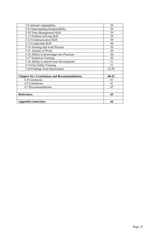 Page | 5 
5.8 Attitude Adaptability 29 
5.9 Understanding Responsibility 29 
5.10 Time Management Skill 29 
5.11 Problem Solving Skill 29 
5.12 Communication Skill 30 
5.13 Leadership Skill 30 
5.14 Training and work Process 30 
5.15 Quality of Work 30 
5.16 Ability to knowledge into Practices 30 
5.17 Technical Training 30 
5.18 Ability to absorb new Development 31 
5.19 Fire Safety Training 31 
5.20 Findings from Questioners 32-39 
Chapter Six: Conclusions and Recommendations 40-42 
6.1Conclusion 41 
6.2 Limitations 41 
6.3 Recommendations 42 
References 43 
Appendix/Annexture 44 
 