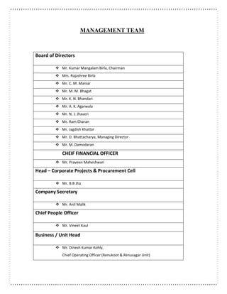 MANAGEMENT TEAM
Board of Directors
 Mr. Kumar Mangalam Birla, Chairman
 Mrs. Rajashree Birla
 Mr. C. M. Maniar
 Mr. M. M. Bhagat
 Mr. K. N. Bhandari
 Mr. A. K. Agarwala
 Mr. N. J. Jhaveri
 Mr. Ram Charan
 Mr. Jagdish Khattar
 Mr. D. Bhattacharya, Managing Director
 Mr. M. Damodaran
CHEIF FINANCIAL OFFICER
 Mr. Praveen Maheshwari
Head – Corporate Projects & Procurement Cell
 Mr. B.B Jha
Company Secretary
 Mr. Anil Malik
Chief People Officer
 Mr. Vineet Kaul
Business / Unit Head
 Mr. Dinesh Kumar Kohly,
Chief Operating Officer (Renukoot & Renusagar Unit)
 
