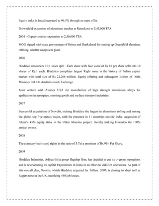 Equity stake in Indal increased to 96.5% through an open offer.
Brownfield expansion of aluminum smelter at Remukoot to 3,45,000 TPA
2004 - Copper smelter expansion to 2,50,000 TPA
MOU signed with state government of Orissa and Jharkahand for setting up Greenfield aluminua
refining, smelter and power plant.
2006
Hindalco announces 10:1 stock split . Each share with face value of Rs 10 per share split into 10
shares of Re.1 each. Hindalco completes largest Right issue in the history of Indian capital
market with total size of Rs 22,266 million. Equity offering and subsequent lisition of birla
Minarals Ltd. On Australia stock Exchange.
Joint venture with Alumex USA for manufacture of high strength aluminium alloys for
application in aerospace, sporting goods and surface transport industries.
2007
Successful acquisition of Novelis, making Hindalco the largest in aluminium rolling and among
the global top five metals major, with the presence in 11 countries outside India. Acquision of
Alcan’s 45% equity stake in the Utkal Alumina project, theerby making Hindalco the 100%
project owner.
2008
The company has issued rights in the ratio of 3:7at a premium of Rs.95/- Per Share.
2009
Hindalco Industries, Aditya Birla group flagship firm, has decided to cut its overseas operations
and is restructuring its capital Expenditure in India in an effort to stabilize operations. As part of
this overall plan, Novelis, which Hindalco acquired for billion 2007, is closing its sheet mill at
Rogers tone in the UK, involving 440 job losses.
 