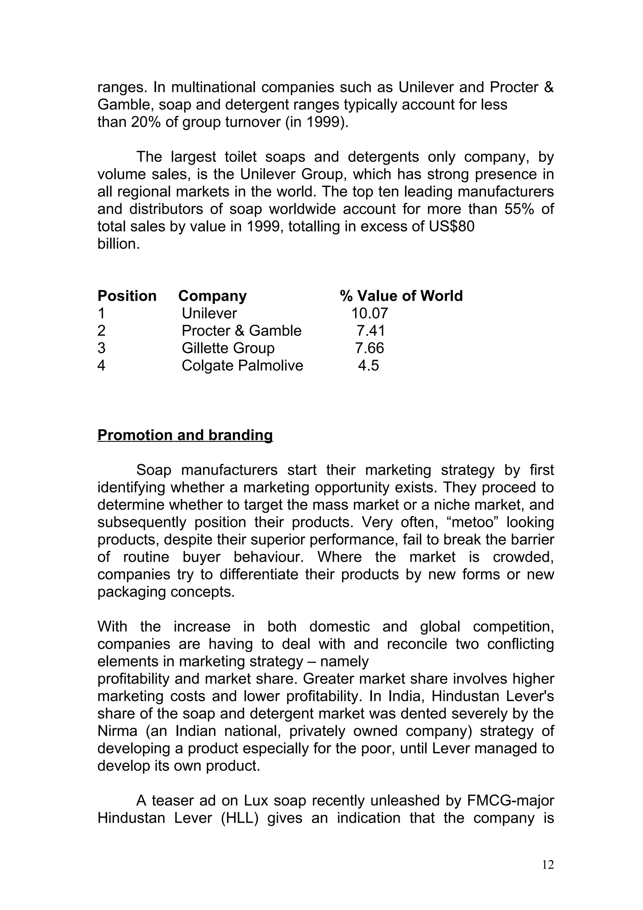 ranges. In multinational companies such as Unilever and Procter &
Gamble, soap and detergent ranges typically account for less
than 20% of group turnover (in 1999).

       The largest toilet soaps and detergents only company, by
volume sales, is the Unilever Group, which has strong presence in
all regional markets in the world. The top ten leading manufacturers
and distributors of soap worldwide account for more than 55% of
total sales by value in 1999, totalling in excess of US$80
billion.


Position    Company                  % Value of World
1           Unilever                  10.07
2           Procter & Gamble           7.41
3           Gillette Group             7.66
4           Colgate Palmolive          4.5



Promotion and branding

       Soap manufacturers start their marketing strategy by first
identifying whether a marketing opportunity exists. They proceed to
determine whether to target the mass market or a niche market, and
subsequently position their products. Very often, “metoo” looking
products, despite their superior performance, fail to break the barrier
of routine buyer behaviour. Where the market is crowded,
companies try to differentiate their products by new forms or new
packaging concepts.

With the increase in both domestic and global competition,
companies are having to deal with and reconcile two conflicting
elements in marketing strategy – namely
profitability and market share. Greater market share involves higher
marketing costs and lower profitability. In India, Hindustan Lever's
share of the soap and detergent market was dented severely by the
Nirma (an Indian national, privately owned company) strategy of
developing a product especially for the poor, until Lever managed to
develop its own product.

     A teaser ad on Lux soap recently unleashed by FMCG-major
Hindustan Lever (HLL) gives an indication that the company is


                                                                    12
 