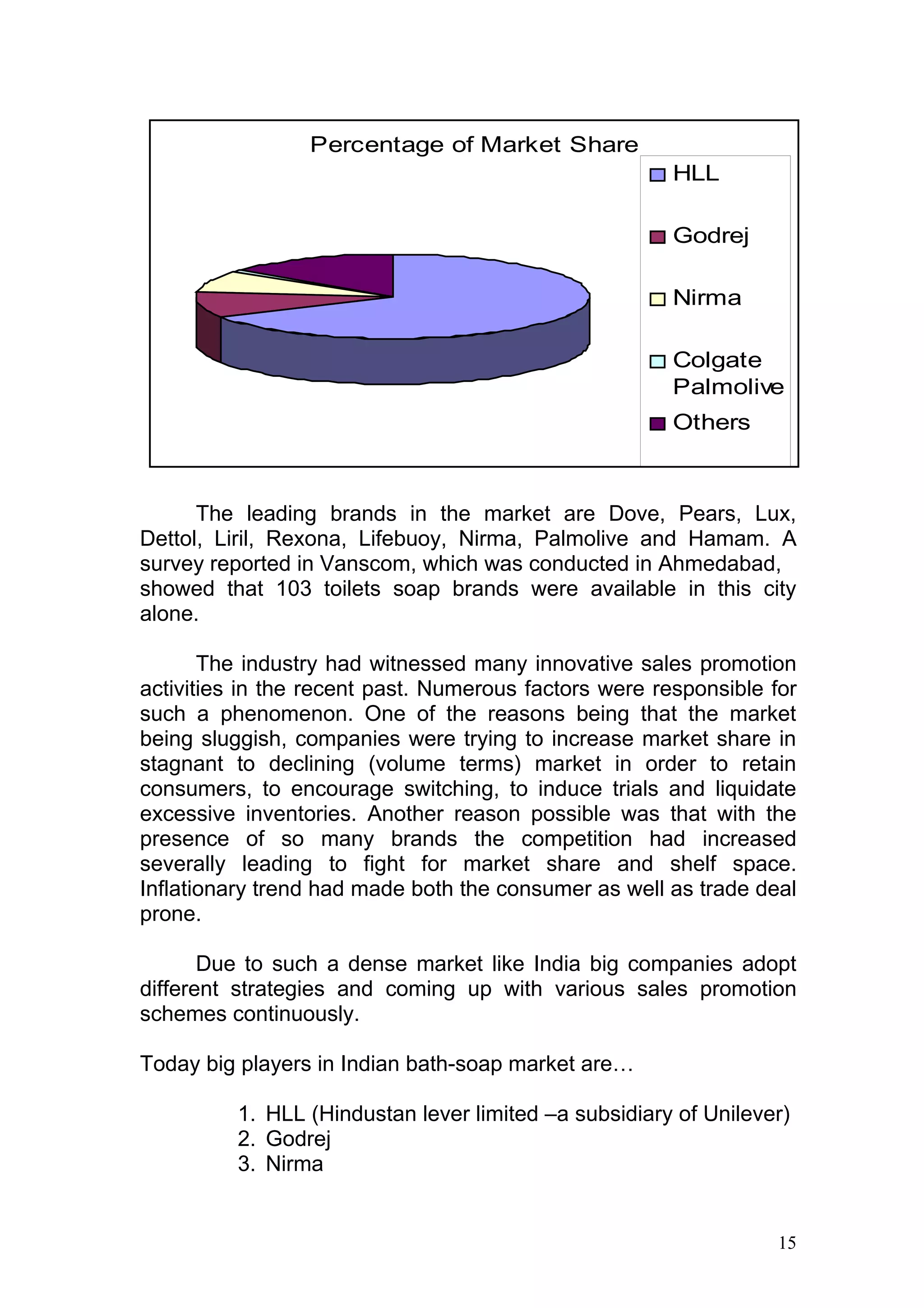 Percentage of Market Share
                                                       HLL

                                                       Godrej

                                                       Nirma

                                                       Colgate
                                                       Palmolive
                                                       Others



      The leading brands in the market are Dove, Pears, Lux,
Dettol, Liril, Rexona, Lifebuoy, Nirma, Palmolive and Hamam. A
survey reported in Vanscom, which was conducted in Ahmedabad,
showed that 103 toilets soap brands were available in this city
alone.

       The industry had witnessed many innovative sales promotion
activities in the recent past. Numerous factors were responsible for
such a phenomenon. One of the reasons being that the market
being sluggish, companies were trying to increase market share in
stagnant to declining (volume terms) market in order to retain
consumers, to encourage switching, to induce trials and liquidate
excessive inventories. Another reason possible was that with the
presence of so many brands the competition had increased
severally leading to fight for market share and shelf space.
Inflationary trend had made both the consumer as well as trade deal
prone.

       Due to such a dense market like India big companies adopt
different strategies and coming up with various sales promotion
schemes continuously.

Today big players in Indian bath-soap market are…

          1. HLL (Hindustan lever limited –a subsidiary of Unilever)
          2. Godrej
          3. Nirma


                                                                  15
 