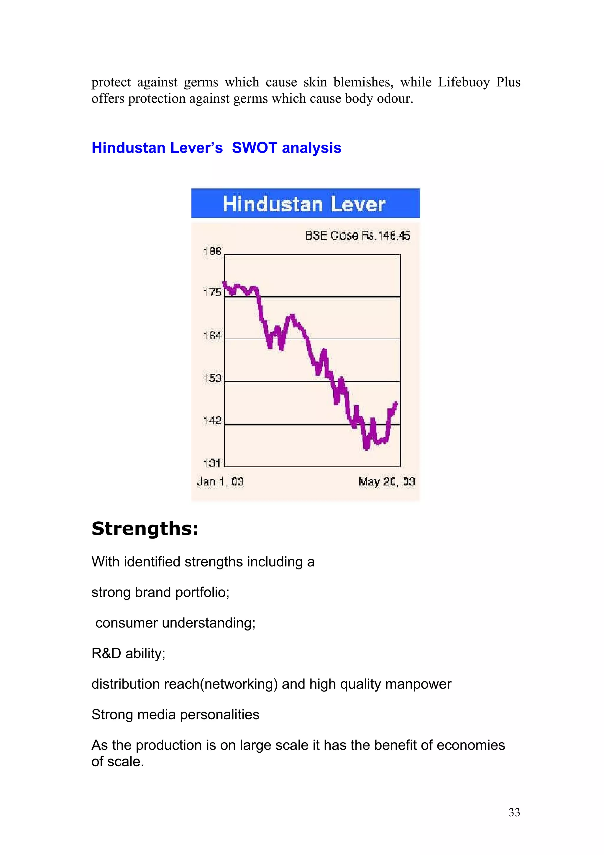 protect against germs which cause skin blemishes, while Lifebuoy Plus
offers protection against germs which cause body odour.


Hindustan Lever’s SWOT analysis




Strengths:
With identified strengths including a

strong brand portfolio;

consumer understanding;

R&D ability;

distribution reach(networking) and high quality manpower

Strong media personalities

As the production is on large scale it has the benefit of economies
of scale.


                                                                      33
 