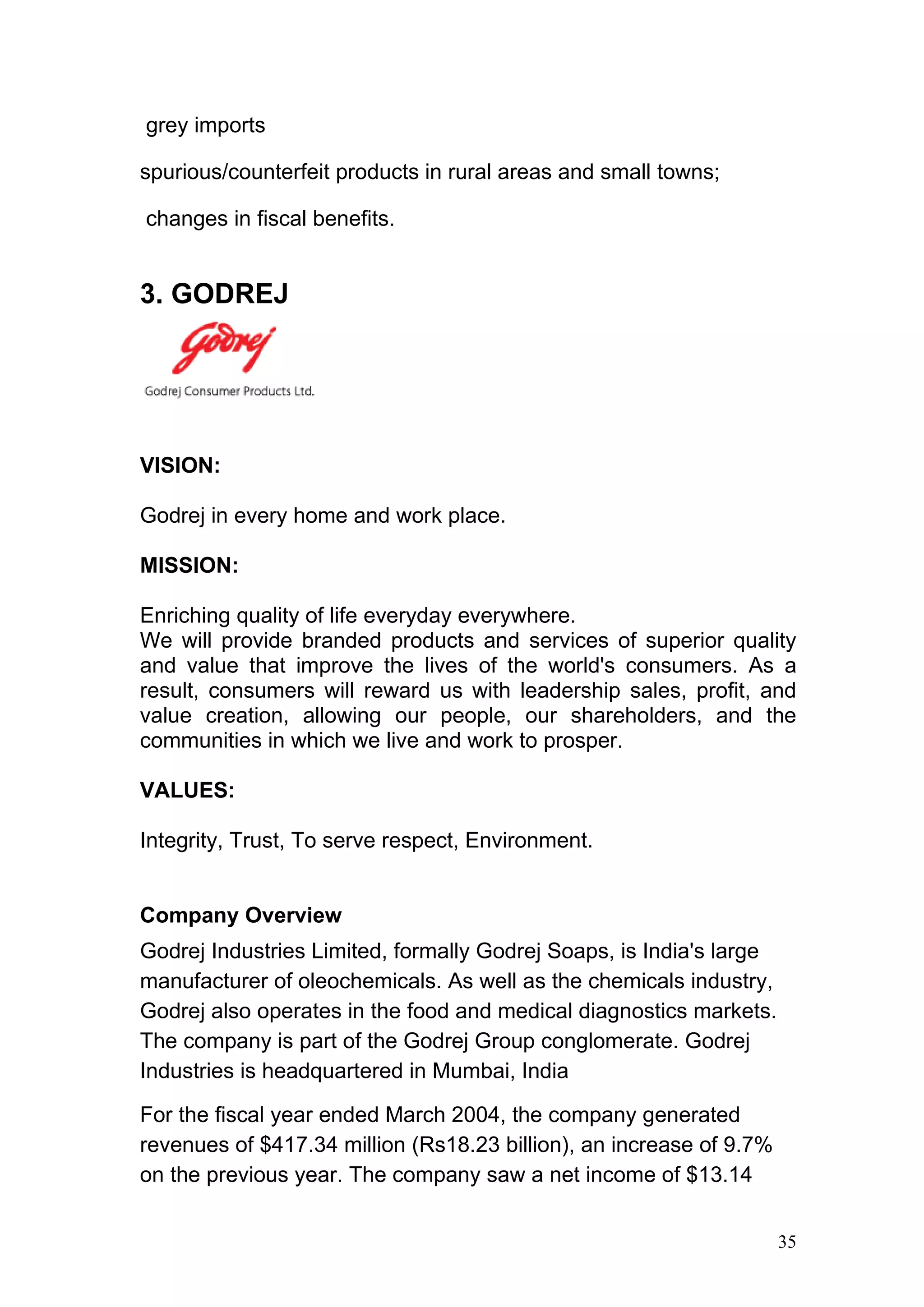 grey imports

spurious/counterfeit products in rural areas and small towns;

changes in fiscal benefits.


3. GODREJ




VISION:

Godrej in every home and work place.

MISSION:

Enriching quality of life everyday everywhere.
We will provide branded products and services of superior quality
and value that improve the lives of the world's consumers. As a
result, consumers will reward us with leadership sales, profit, and
value creation, allowing our people, our shareholders, and the
communities in which we live and work to prosper.

VALUES:

Integrity, Trust, To serve respect, Environment.


Company Overview
Godrej Industries Limited, formally Godrej Soaps, is India's large
manufacturer of oleochemicals. As well as the chemicals industry,
Godrej also operates in the food and medical diagnostics markets.
The company is part of the Godrej Group conglomerate. Godrej
Industries is headquartered in Mumbai, India

For the fiscal year ended March 2004, the company generated
revenues of $417.34 million (Rs18.23 billion), an increase of 9.7%
on the previous year. The company saw a net income of $13.14


                                                                     35
 