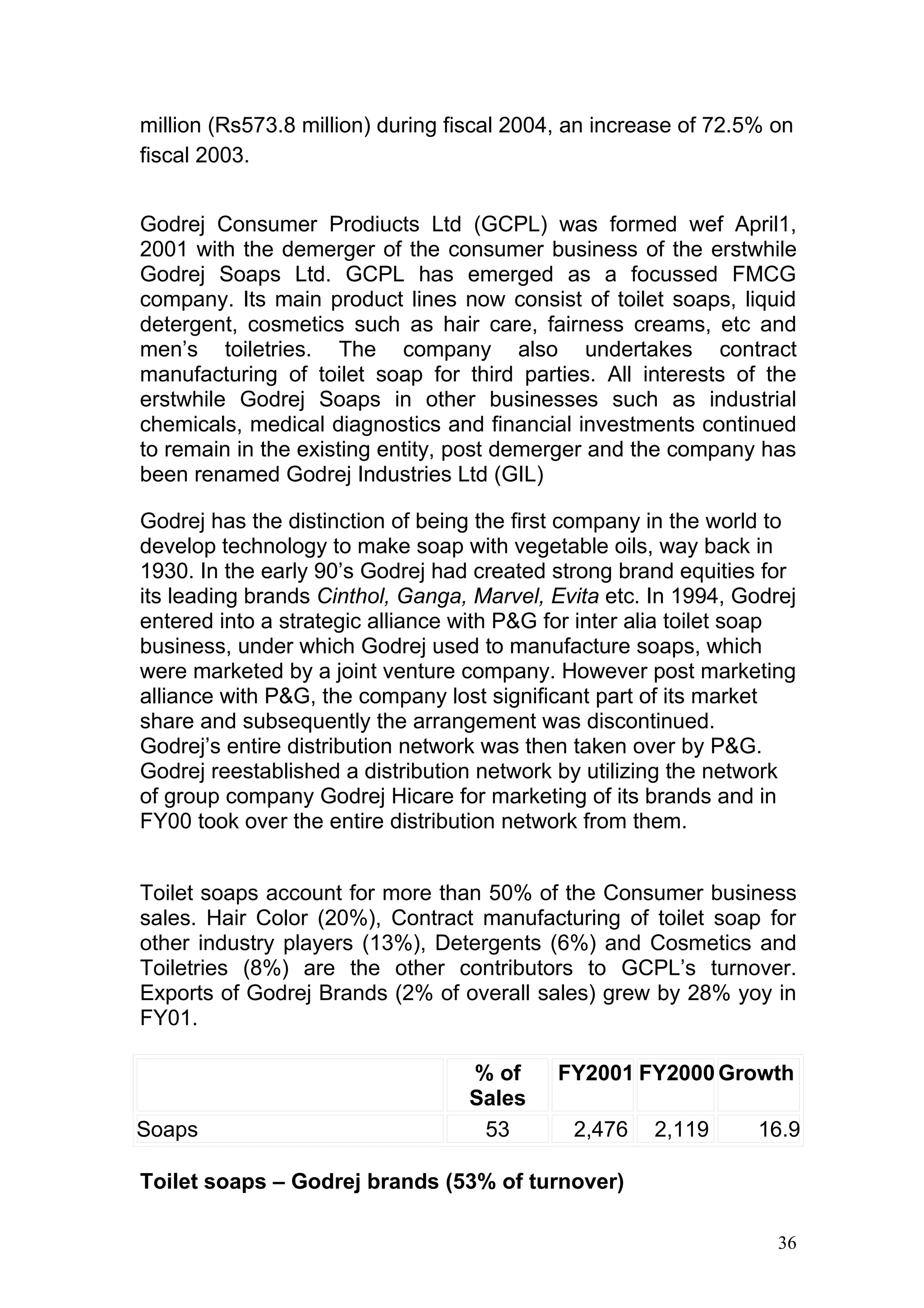 million (Rs573.8 million) during fiscal 2004, an increase of 72.5% on
fiscal 2003.


Godrej Consumer Prodiucts Ltd (GCPL) was formed wef April1,
2001 with the demerger of the consumer business of the erstwhile
Godrej Soaps Ltd. GCPL has emerged as a focussed FMCG
company. Its main product lines now consist of toilet soaps, liquid
detergent, cosmetics such as hair care, fairness creams, etc and
men’s toiletries. The company also undertakes contract
manufacturing of toilet soap for third parties. All interests of the
erstwhile Godrej Soaps in other businesses such as industrial
chemicals, medical diagnostics and financial investments continued
to remain in the existing entity, post demerger and the company has
been renamed Godrej Industries Ltd (GIL)

Godrej has the distinction of being the first company in the world to
develop technology to make soap with vegetable oils, way back in
1930. In the early 90’s Godrej had created strong brand equities for
its leading brands Cinthol, Ganga, Marvel, Evita etc. In 1994, Godrej
entered into a strategic alliance with P&G for inter alia toilet soap
business, under which Godrej used to manufacture soaps, which
were marketed by a joint venture company. However post marketing
alliance with P&G, the company lost significant part of its market
share and subsequently the arrangement was discontinued.
Godrej’s entire distribution network was then taken over by P&G.
Godrej reestablished a distribution network by utilizing the network
of group company Godrej Hicare for marketing of its brands and in
FY00 took over the entire distribution network from them.


Toilet soaps account for more than 50% of the Consumer business
sales. Hair Color (20%), Contract manufacturing of toilet soap for
other industry players (13%), Detergents (6%) and Cosmetics and
Toiletries (8%) are the other contributors to GCPL’s turnover.
Exports of Godrej Brands (2% of overall sales) grew by 28% yoy in
FY01.

                                  % of      FY2001 FY2000 Growth
                                  Sales
Soaps                              53        2,476    2,119      16.9

Toilet soaps – Godrej brands (53% of turnover)

                                                                   36
 
