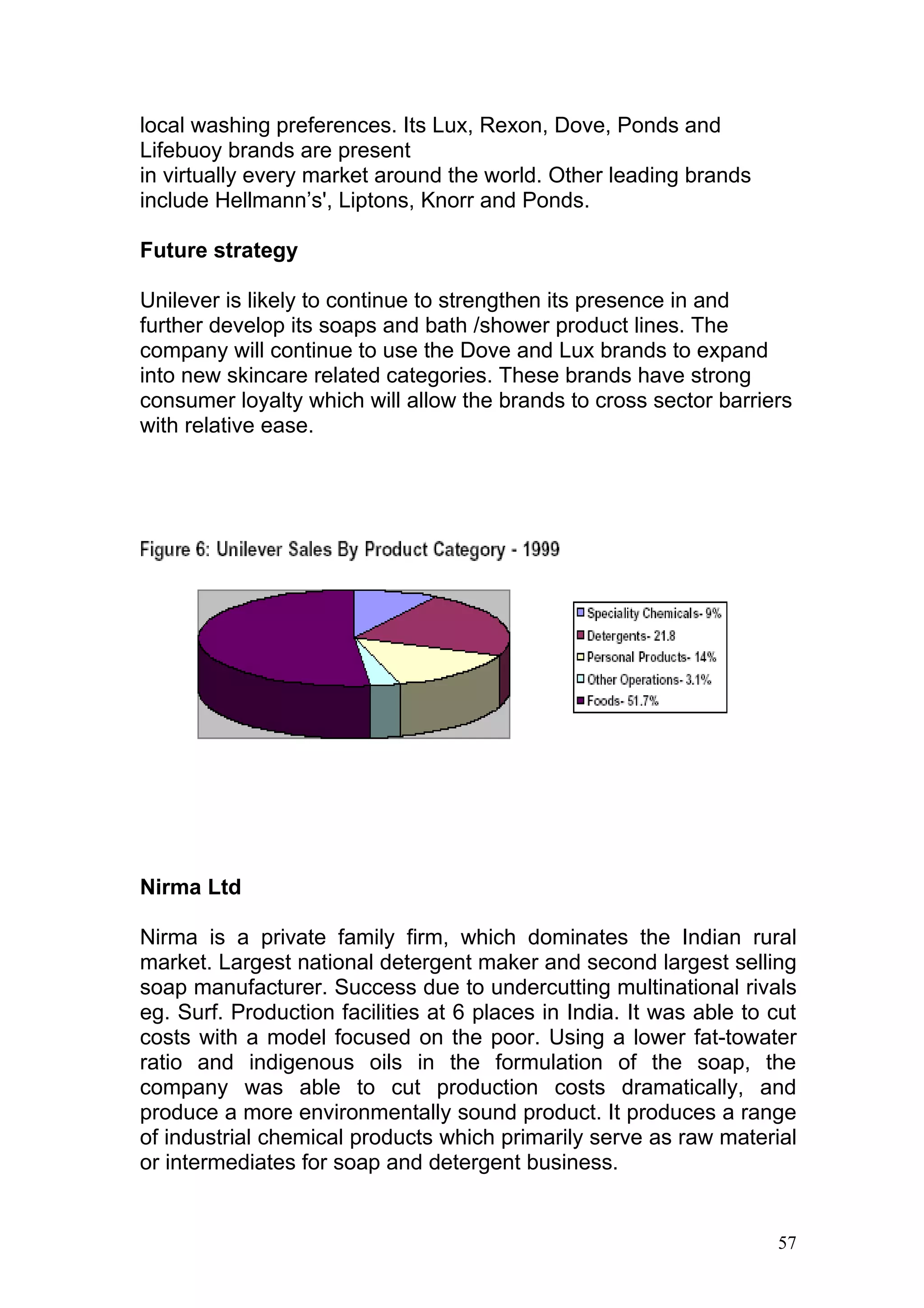 local washing preferences. Its Lux, Rexon, Dove, Ponds and
Lifebuoy brands are present
in virtually every market around the world. Other leading brands
include Hellmann’s', Liptons, Knorr and Ponds.

Future strategy

Unilever is likely to continue to strengthen its presence in and
further develop its soaps and bath /shower product lines. The
company will continue to use the Dove and Lux brands to expand
into new skincare related categories. These brands have strong
consumer loyalty which will allow the brands to cross sector barriers
with relative ease.




Nirma Ltd

Nirma is a private family firm, which dominates the Indian rural
market. Largest national detergent maker and second largest selling
soap manufacturer. Success due to undercutting multinational rivals
eg. Surf. Production facilities at 6 places in India. It was able to cut
costs with a model focused on the poor. Using a lower fat-towater
ratio and indigenous oils in the formulation of the soap, the
company was able to cut production costs dramatically, and
produce a more environmentally sound product. It produces a range
of industrial chemical products which primarily serve as raw material
or intermediates for soap and detergent business.


                                                                     57
 