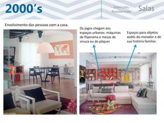 Salas- Interiores -
Residenciais2000’s
Espaços para objetos
xodós do morador e de
sua história familiar.
Os jogos chegam aos
espaços urbanos: máquinas
de fliperama e mesas de
sinuca ou de pôquer.
Envolvimento das pessoas com a casa.
LUIS GOMES LUIS GOMES
 