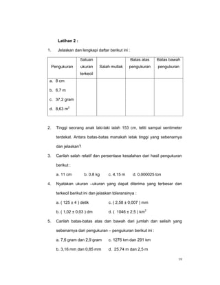 Latihan 2 :

1.      Jelaskan dan lengkapi daftar berikut ini :

                      Satuan                         Batas atas   Batas bawah
     Pengukuran       ukuran     Salah mutlak     pengukuran       pengukuran
                      terkecil
 a. 8 cm

 b. 6,7 m

 c. 37,2 gram

 d. 8,63 m2



2.     Tinggi seorang anak laki-laki ialah 153 cm, teliti sampai sentimeter

       terdekat. Antara batas-batas manakah letak tinggi yang sebenarnya

       dan jelaskan?

3.     Carilah salah relatif dan persentase kesalahan dari hasil pengukuran

       berikut :

       a. 11 cm         b. 0,8 kg     c. 4,15 m       d. 0,000025 ton

4.     Nyatakan ukuran –ukuran yang dapat diterima yang terbesar dan

       terkecil berikut ini dan jelaskan toleransinya :

       a. ( 125 ± 4 ) detik           c. ( 2,58 ± 0,007 ) mm

       b. ( 1,02 ± 0,03 ) dm          d. ( 1046 ± 2,5 ) km2

5.     Carilah batas-batas atas dan bawah dari jumlah dan selisih yang

       sebenarnya dari pengukuran – pengukuran berikut ini :

       a. 7,6 gram dan 2,9 gram       c. 1276 km dan 291 km

       b. 3,16 mm dan 0,85 mm         d. 25,74 m dan 2,5 m

                                                                            18
 