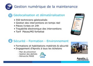 Gestion numérique de la maintenance
Géolocalisation et dématérialisation
• 550 techniciens géolocalisés
• Gestion des interventions en temps réel
• Pièces livrées en 24h
• Traçabilité électronique des interventions
• Tarif Pièces/MO forfaitisé
- Plan de prévention
- Gestion des déchets
- Démarche MASE
• Formations et habilitations matériels & sécurité
• Engagement d’Aprolis à tous les échelons
Sécurité - Formation - Environnement
 