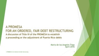 A PROMESA
FOR AN ORDERED, FAIR DEBT RESTRUCTURING
A discussion of Title III of the PROMESA to establish
a proceeding or the adjustment of Puerto Rico debts
Maria de los Angeles Trigo
April 2016
A PROMESA for an ordered, fair debt restructuring 1
 