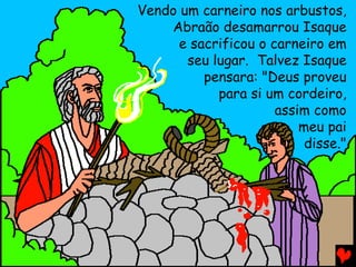Vendo um carneiro nos arbustos,
Abraão desamarrou Isaque
e sacrificou o carneiro em
seu lugar. Talvez Isaque
pensara: "Deus proveu
para si um cordeiro,
assim como
meu pai
disse."

 