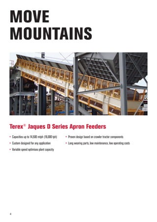 MOVE
MOUNTAINS
Terex®
Jaques D Series Apron Feeders
• Capacities up to 14,500 mtph (16,000 tph)
• Custom designed for any application
• Variable speed optimises plant capacity
• Proven design based on crawler tractor components
• Long wearing parts, low maintenance, low operating costs
4
 