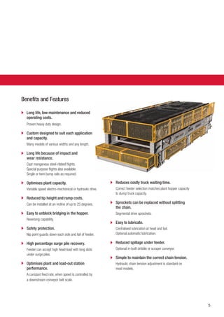 Benefits and Features
Long life, low maintenance and reduced
operating costs.
Proven heavy duty design.
Custom designed to suit each application
and capacity.
Many models of various widths and any length.
Long life because of impact and
wear resistance.
Cast manganese steel-ribbed flights.
Special purpose flights also available.
Single or twin bump rails as required.
Optimises plant capacity.
Variable speed electro-mechanical or hydraulic drive.
Reduced tip height and ramp costs.
Can be installed at an incline of up to 25 degrees.
Easy to unblock bridging in the hopper.
Reversing capability.
Safety protection.
Nip point guards down each side and tail of feeder.
High percentage surge pile recovery.
Feeder can accept high head-load with long slots
under surge piles.
Optimises plant and load-out station
performance.
A constant feed rate, when speed is controlled by
a downstream conveyor belt scale.
Reduces costly truck waiting time.
Correct feeder selection matches plant hopper capacity
to dump truck capacity.
Sprockets can be replaced without splitting
the chain.
Segmental drive sprockets.
Easy to lubricate.
Centralised lubrication at head and tail.
Optional automatic lubrication.
Reduced spillage under feeder.
Optional in-built dribble or scraper conveyor.
Simple to maintain the correct chain tension.
Hydraulic chain tension adjustment is standard on
most models.
5
 