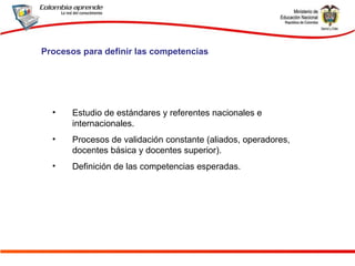 Estudio de estándares y referentes nacionales e internacionales. Procesos de validación constante (aliados, operadores, docentes básica y docentes superior). Definición de las competencias esperadas. Procesos para definir las competencias 