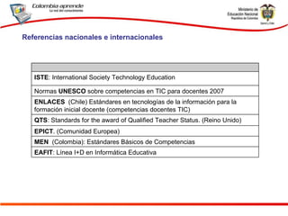 Referencias nacionales e internacionales ISTE : International Society Technology Education Normas  UNESCO  sobre competencias en TIC para docentes 2007 ENLACES   (Chile) Estándares en tecnologías de la información para la formación inicial docente (competencias docentes TIC) QTS : Standards for the award of Qualified Teacher Status. (Reino Unido)  EPICT . ( Comunidad Europea ) MEN   (Colombia): Estándares Básicos de Competencias EAFIT : Línea I+D en Informática Educativa 