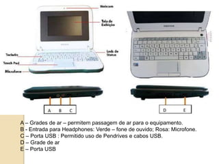 A – Grades de ar – permitem passagem de ar para o equipamento. 
B - Entrada para Headphones: Verde – fone de ouvido; Rosa: Microfone. 
C – Porta USB : Permitido uso de Pendrives e cabos USB. 
D – Grade de ar 
E – Porta USB 
 