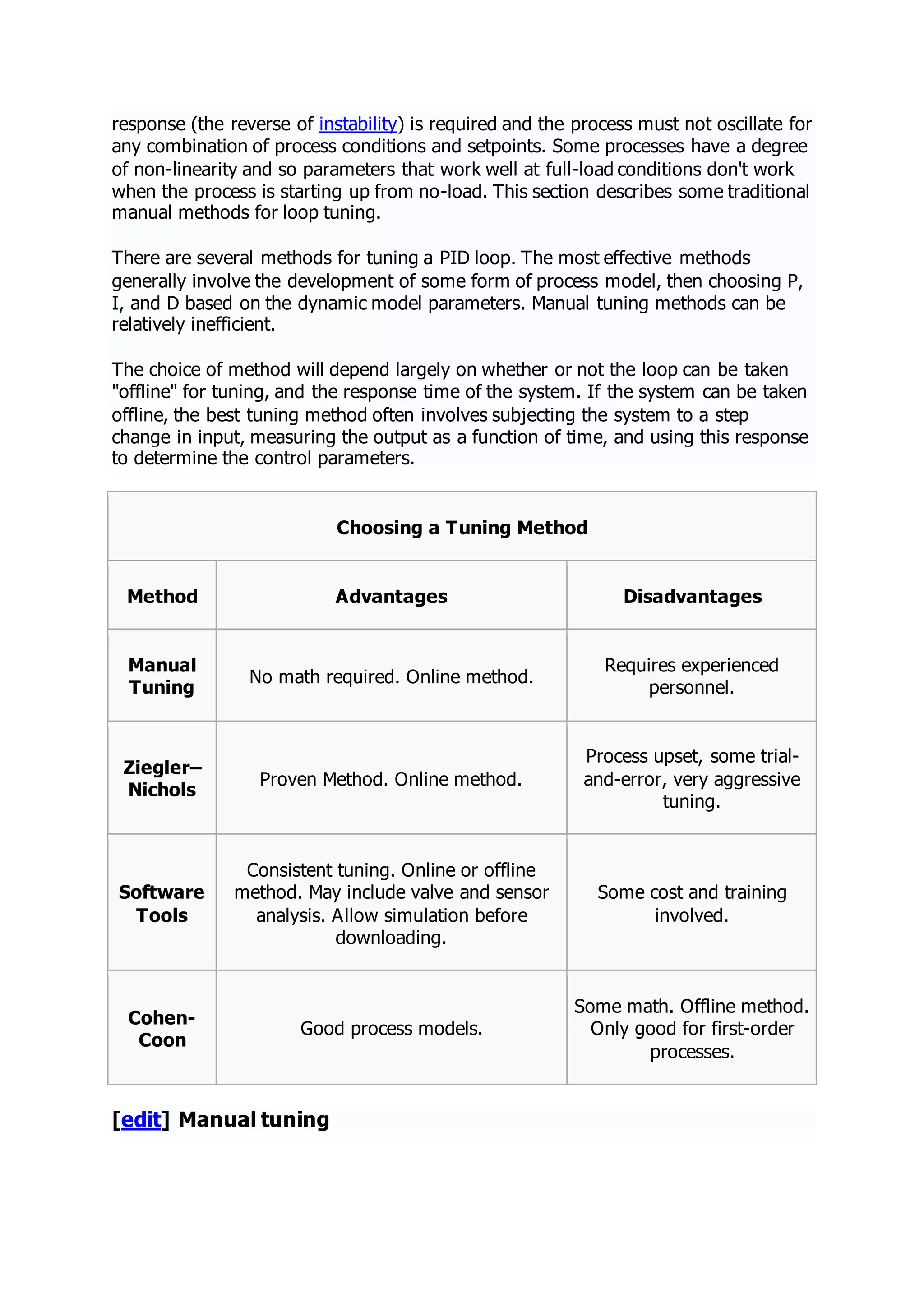 response (the reverse of instability) is required and the process must not oscillate for
any combination of process conditions and setpoints. Some processes have a degree
of non-linearity and so parameters that work well at full-load conditions don't work
when the process is starting up from no-load. This section describes some traditional
manual methods for loop tuning.
There are several methods for tuning a PID loop. The most effective methods
generally involve the development of some form of process model, then choosing P,
I, and D based on the dynamic model parameters. Manual tuning methods can be
relatively inefficient.
The choice of method will depend largely on whether or not the loop can be taken
"offline" for tuning, and the response time of the system. If the system can be taken
offline, the best tuning method often involves subjecting the system to a step
change in input, measuring the output as a function of time, and using this response
to determine the control parameters.
Choosing a Tuning Method
Method Advantages Disadvantages
Manual
Tuning
No math required. Online method.
Requires experienced
personnel.
Ziegler–
Nichols
Proven Method. Online method.
Process upset, some trial-
and-error, very aggressive
tuning.
Software
Tools
Consistent tuning. Online or offline
method. May include valve and sensor
analysis. Allow simulation before
downloading.
Some cost and training
involved.
Cohen-
Coon
Good process models.
Some math. Offline method.
Only good for first-order
processes.
[edit] Manual tuning
 