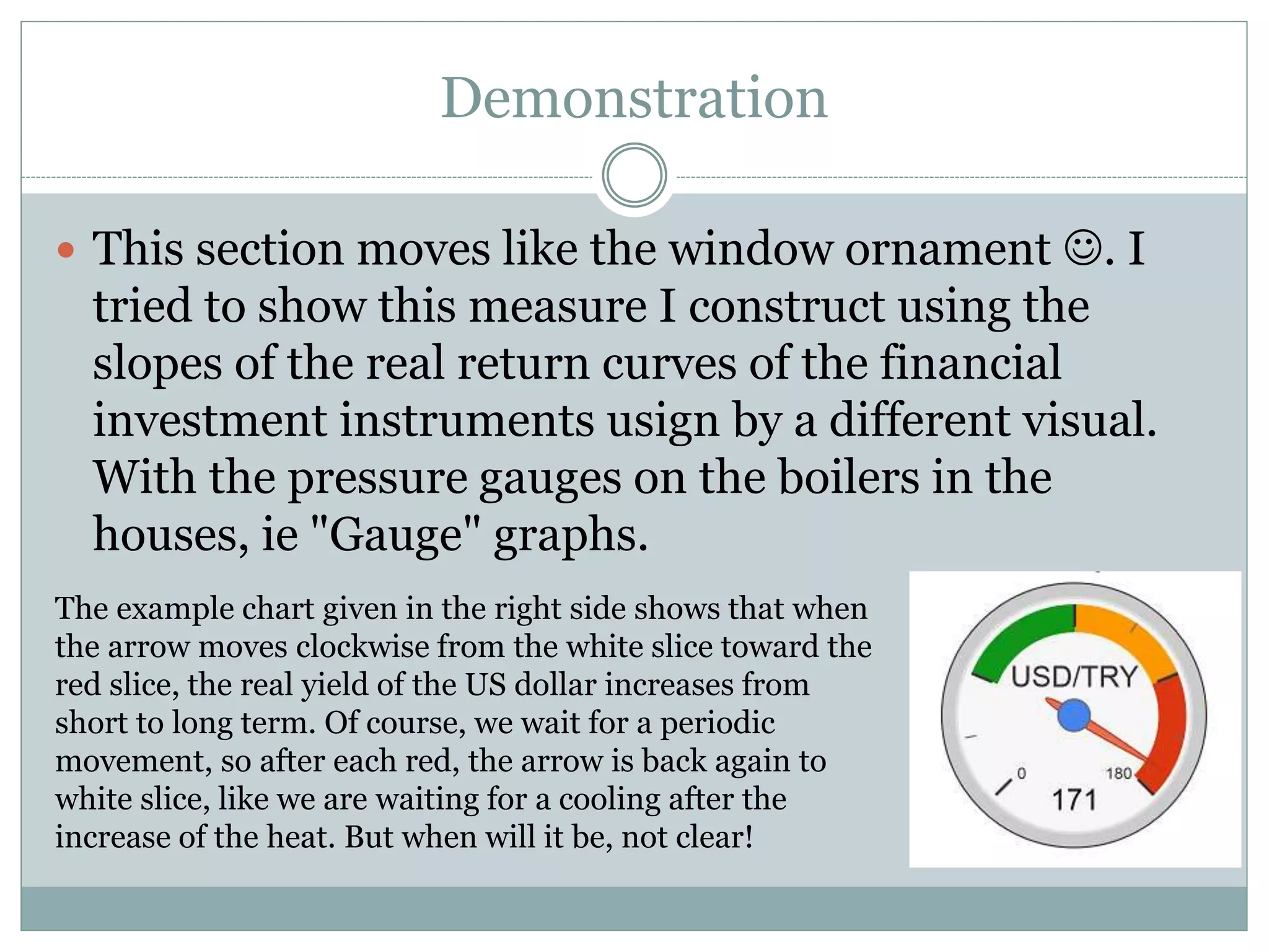 Demonstration
 This section moves like the window ornament . I
tried to show this measure I construct using the
slopes of the real return curves of the financial
investment instruments usign by a different visual.
With the pressure gauges on the boilers in the
houses, ie "Gauge" graphs.
The example chart given in the right side shows that when
the arrow moves clockwise from the white slice toward the
red slice, the real yield of the US dollar increases from
short to long term. Of course, we wait for a periodic
movement, so after each red, the arrow is back again to
white slice, like we are waiting for a cooling after the
increase of the heat. But when will it be, not clear!
 