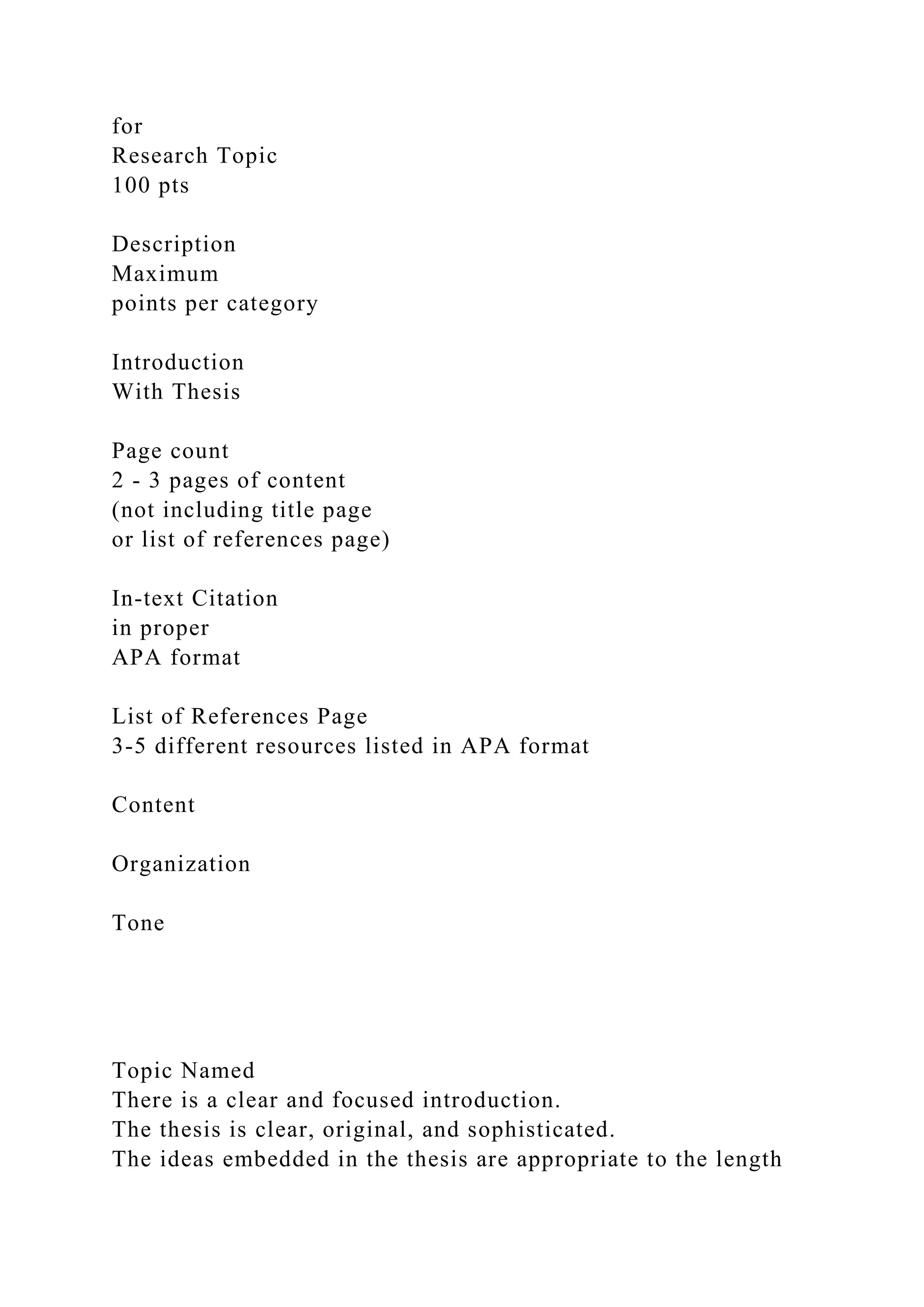 for
Research Topic
100 pts
Description
Maximum
points per category
Introduction
With Thesis
Page count
2 - 3 pages of content
(not including title page
or list of references page)
In-text Citation
in proper
APA format
List of References Page
3-5 different resources listed in APA format
Content
Organization
Tone
Topic Named
There is a clear and focused introduction.
The thesis is clear, original, and sophisticated.
The ideas embedded in the thesis are appropriate to the length
 