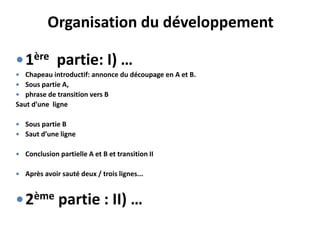 Organisation du développement
1ère partie: I) …
 Chapeau introductif: annonce du découpage en A et B.
 Sous partie A,
 phrase de transition vers B
Saut d’une ligne
 Sous partie B
 Saut d’une ligne
 Conclusion partielle A et B et transition II
 Après avoir sauté deux / trois lignes...
2ème partie : II) …
 