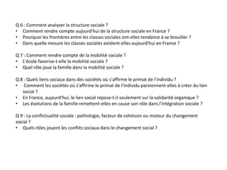 Q 6 : Comment analyser la structure sociale ?
• Comment rendre compte aujourd'hui de la structure sociale en France ?
• Pourquoi les frontières entre les classes sociales ont-elles tendance à se brouiller ?
• Dans quelle mesure les classes sociales existent-elles aujourd'hui en France ?
Q 7 : Comment rendre compte de la mobilité sociale ?
• L'école favorise-t-elle la mobilité sociale ?
• Quel rôle joue la famille dans la mobilité sociale ?
Q 8 : Quels liens sociaux dans des sociétés où s'affirme le primat de l'individu ?
• Comment les sociétés où s'affirme le primat de l'individu parviennent-elles à créer du lien
social ?
• En France, aujourd'hui, le lien social repose-t-il seulement sur la solidarité organique ?
• Les évolutions de la famille remettent-elles en cause son rôle dans l'intégration sociale ?
Q 9 : La conflictualité sociale : pathologie, facteur de cohésion ou moteur du changement
social ?
• Quels rôles jouent les conflits sociaux dans le changement social ?
 