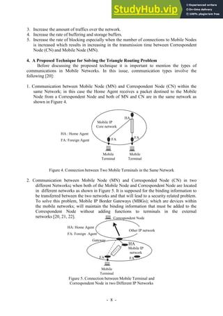 - -
8
3. Increase the amount of traffics over the network.
4. Increase the rate of buffering and storage buffers.
5. Increase the rate of blocking especially when the number of connections to Mobile Nodes
is increased which results in increasing in the transmission time between Correspondent
Node (CN) and Mobile Node (MN).
4. A Proposed Technique for Solving the Triangle Routing Problem
Before discussing the proposed technique it is important to mention the types of
communications in Mobile Networks. In this issue, communication types involve the
following [20]:
1. Communication between Mobile Node (MN) and Correspondent Node (CN) within the
same Network; in this case the Home Agent receives a packet destined to the Mobile
Node from a Correspondent Node and both of MN and CN are in the same network as
shown in Figure 4.
Figure 4. Connection between Two Mobile Terminals in the Same Network
2. Communication between Mobile Node (MN) and Corresponded Node (CN) in two
different Networks; when both of the Mobile Node and Correspondent Node are located
in different networks as shown in Figure 5. It is supposed for the binding information to
be transferred between the two networks and that will lead to a security related problem.
To solve this problem, Mobile IP Border Gateways (MBGs); which are devices within
the mobile networks; will maintain the binding information that must be added to the
Correspondent Node without adding functions to terminals in the external
networks [20, 21, 22].
Figure 5. Connection between Mobile Terminal and
Correspondent Node in two Different IP Networks
Other IP network
Mobile IP
network
Mobile
Terminal
FA
FA
HA
Gateway
Correspondent Node
HA: Home Agent
FA: Foreign Agent
Mobile IP
Core network
HA
FA
FA
Mobile
Terminal
Mobile
Terminal
HA : Home Agent
FA: Foreign Agent
 