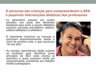 O percurso das crianças para compreenderem o SEA
e possíveis intervenções didáticas dos professores
• os aprendizes passam por quatro
períodos nos quais têm diferentes
hipóteses para como a escrita alfabética
funciona: períodos pré-silábico, silábico,
silábico-alfabético e alfabético.
• É importante incentivar as crianças a
escrevam espontaneamente, desde o
início do primeiro ciclo, e que escrevam
“do seu jeito”.
• As escritas espontâneas darão suporte
ao professor para identificar quais
princípios do SEA cada criança já
assimilou e quais precisam ainda ser
compreendidos, orientando seu trabalho
didático-pedagógico.
 