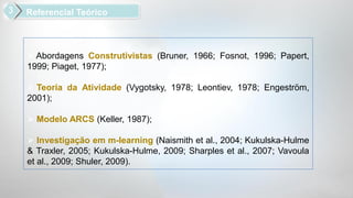 Referencial Teórico



 Abordagens Construtivistas (Bruner, 1966; Fosnot, 1996; Papert,
1999; Piaget, 1977);

 Teoria da Atividade (Vygotsky, 1978; Leontiev, 1978; Engeström,
2001);

 Modelo ARCS (Keller, 1987);

 Investigação em m-learning (Naismith et al., 2004; Kukulska-Hulme
& Traxler, 2005; Kukulska-Hulme, 2009; Sharples et al., 2007; Vavoula
et al., 2009; Shuler, 2009).
 