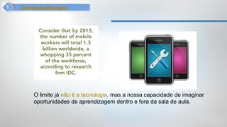 Contextualização




    O limite já não é a tecnologia, mas a nossa capacidade de imaginar
    oportunidades de aprendizagem dentro e fora da sala de aula.
 
