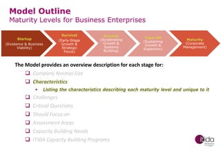 Model Outline

Maturity Levels for Business Enterprises
Survival

Startup
(Existence & Business
Viability)

(Early-Stage
Growth &
Strategic
Focus)

Success
(Accelerating
Growth &
Systems
Building)

Take-Off
(Sustaining
Growth &
Expansion)

Maturity
(Corporate
Management)

The Model provides an overview description for each stage for:
 Company Normal Size
 Characteristics









Listing the characteristics describing each maturity level and unique to it

Challenges
Critical Questions
Should Focus on
Assessment Areas
Capacity Building Needs
ITIDA Capacity Building Programs

 